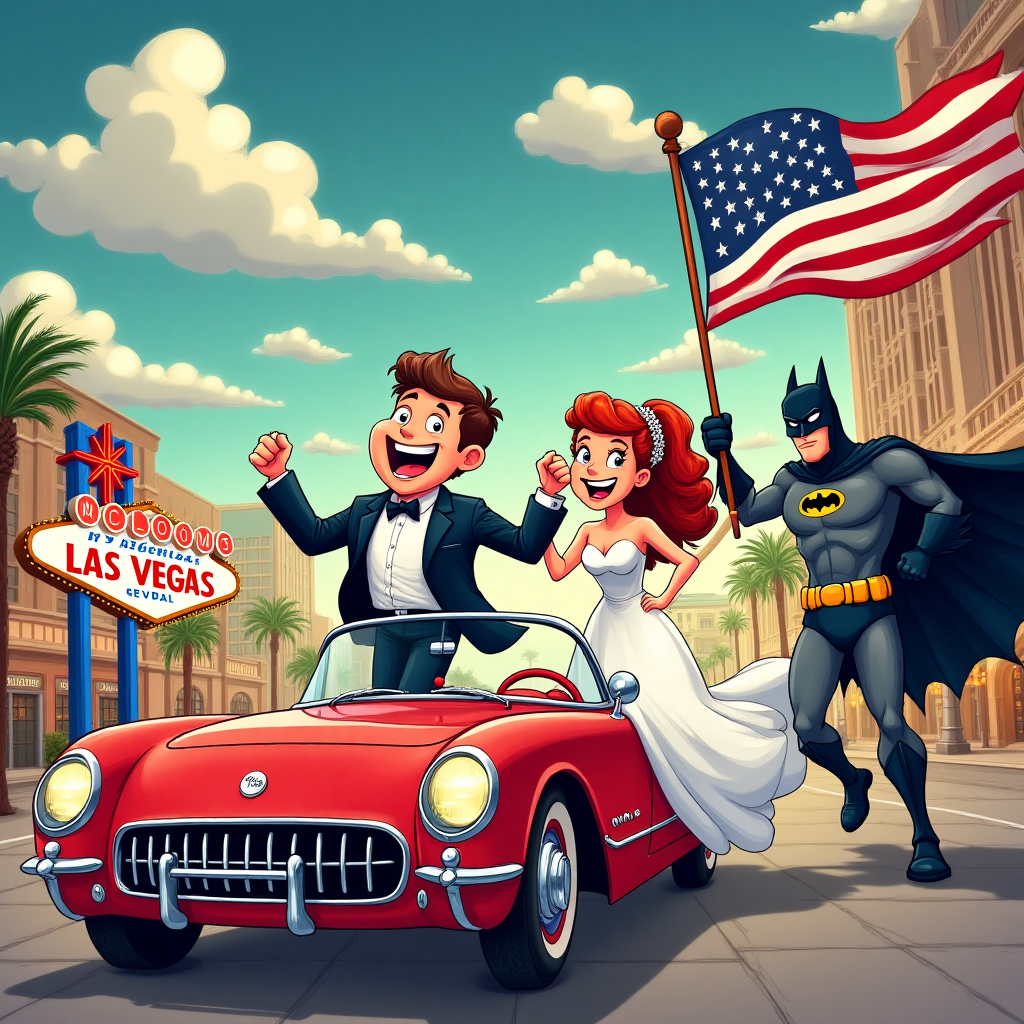 **Prompt for Image:**

A lively and vibrant cartoon scene bursting with playful elements. The image features a brown-haired man in a tuxedo and a red-haired woman in a flowing wedding dress, both with exaggerated, whimsical expressions, joyfully running out of a classic red Corvette parked in front of a neon-lit Las Vegas wedding chapel. The backdrop is a bustling Las Vegas strip with bright lights and towering casino buildings. Standing next to the couple is a cartoonish Batman holding an oversized American flag, striking a heroic yet humorous pose. The sky is filled with exaggeratedly large, fluffy clouds, each with a cheeky grin, and the scene is drenched in saturated colors and thick outlines, capturing the jubilant chaos of the moment.

Text on Image (optional): "Tying the Knot Vegas Style: Holy Matrimony, Batman!"
Generated with these themes: Brown hair man, Red hair woman, Red corvette, vegas, wedding chapel, Batman, american flag, and .
Made with ❤️ by AI.