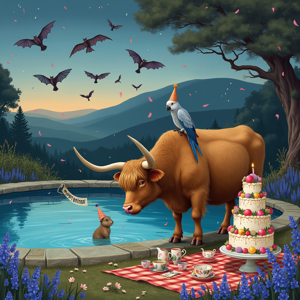 Picture a whimsical Highland landscape bathed in the soft glow of twilight. At the center of this fantastical scene, there is an ornate swimming pool with crystal-clear water that shimmers like liquid glass. Surrounding the pool, vibrant bluebells bloom in dense clusters, their bell-shaped flowers creating a lush border that almost seems to hum with life.

Near the pool’s edge, a majestic Highland Cow stands majestically, its thick, shaggy coat swaying gently in the evening breeze. It dips one hoof into the water, creating gentle ripples that disturb the surface just enough to reflect a mesmerizing dance of light. Perched on the cow's curved horn is an African Grey Parrot, its sleek feathers a striking contrast to the cow’s rough texture. The parrot has a tiny party hat perched jauntily on its head, beak open as if mid-squawk, possibly announcing birthday greetings to anyone who will listen.

Above, the twilight sky is dotted with an array of bats, each one swooping gracefully through the air, casting playful shadows over the scene below. Some of the bats have tiny streamers and confetti clinging to their wings, adding to the festive atmosphere. One particularly cheeky bat has snagged a ‘Happy Birthday’ banner, trailing it behind as it flits about.

In the background, the rolling hills are alive with nature, verdant and untamed, with wildflowers dotting the landscape in splashes of color. Dotted amongst the hills are ancient, twisted trees, their branches gnarled and reaching out like welcoming arms. Under one such tree, a family of rabbits, drawn in a style reminiscent of Beatrix Potter’s beloved illustrations, peer out curiously from their burrow, seemingly intrigued by the unusual gathering at the poolside.

Nestled amidst the bluebells, a quaint little picnic setup can be seen, complete with a gingham blanket, an assortment of vintage teacups, and a towering birthday cake decorated with colorful icing and candles. The cake itself is a masterpiece, with layers that seem to defy gravity and decorations that hint at the intricate line work of Aubrey Beardsley.

In one corner of the scene, a small, weathered signpost points in various directions, with playful, hand-painted signs that read ‘To the Party,’ ‘Bats’ Hangout,’ and ‘Cows Only Swimming.’ The artistry of Maxfield Parrish is evident in the meticulous detailing of the landscape, while the quirky, almost mischievous placement of elements nods to the works of Quentin Blake and Edward Gorey.

Everywhere you look, there’s a story waiting to be discovered, a testament to the surreal and joyful blending of these eclectic themes.
Generated with these themes: Highland Cows, Swimming Pool,  African Grey Parrott, Bats, Nature, Happy Birthday, and Bluebells.
Made with ❤️ by AI.