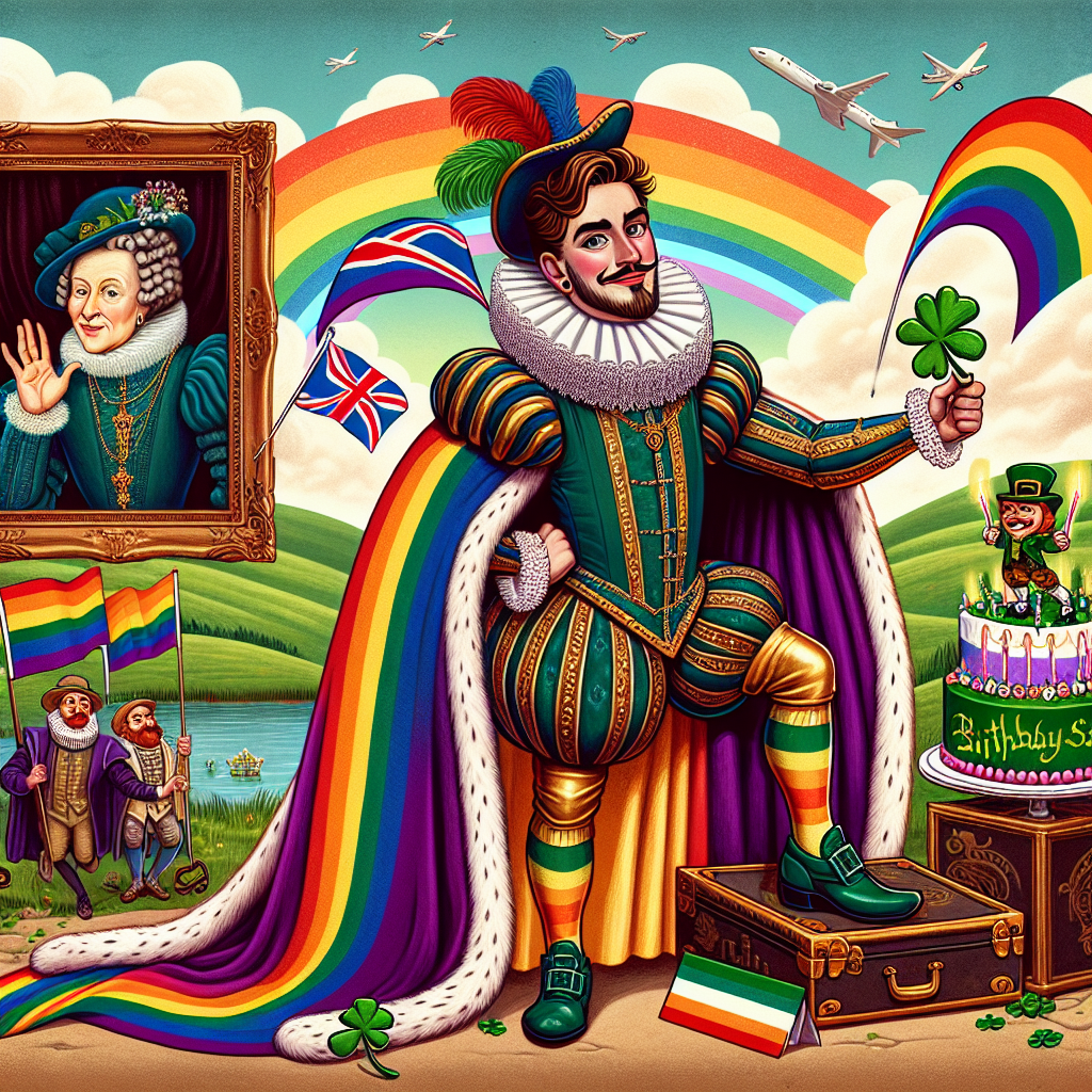 Create a whimsical illustration featuring a flamboyantly dressed playwright from the Elizabethan era, who strongly resembles a generic male figure from that era. His outfit is embellished with Pride flags that serve as a decorative cape. He holds a quill and shares a mischievous grin. The backdrop presents lush green hills typical to Ireland under a colorful sky where the Union Jack pairs up with the Irish tricolor. A playful leprechaun can be found seated engagingly on a grand birthday cake that is decorated with rainbows and shamrocks. To add a royal essence to this celebratory scene, include a caricature of an anonymous queen character, waving from a portrait in the background.
Generated with these themes: Gay Shakespeare , Ireland, Union Jack, The Queen, Leprechaun , Pride Flags, and Birthday cake .
Made with ❤️ by AI.
