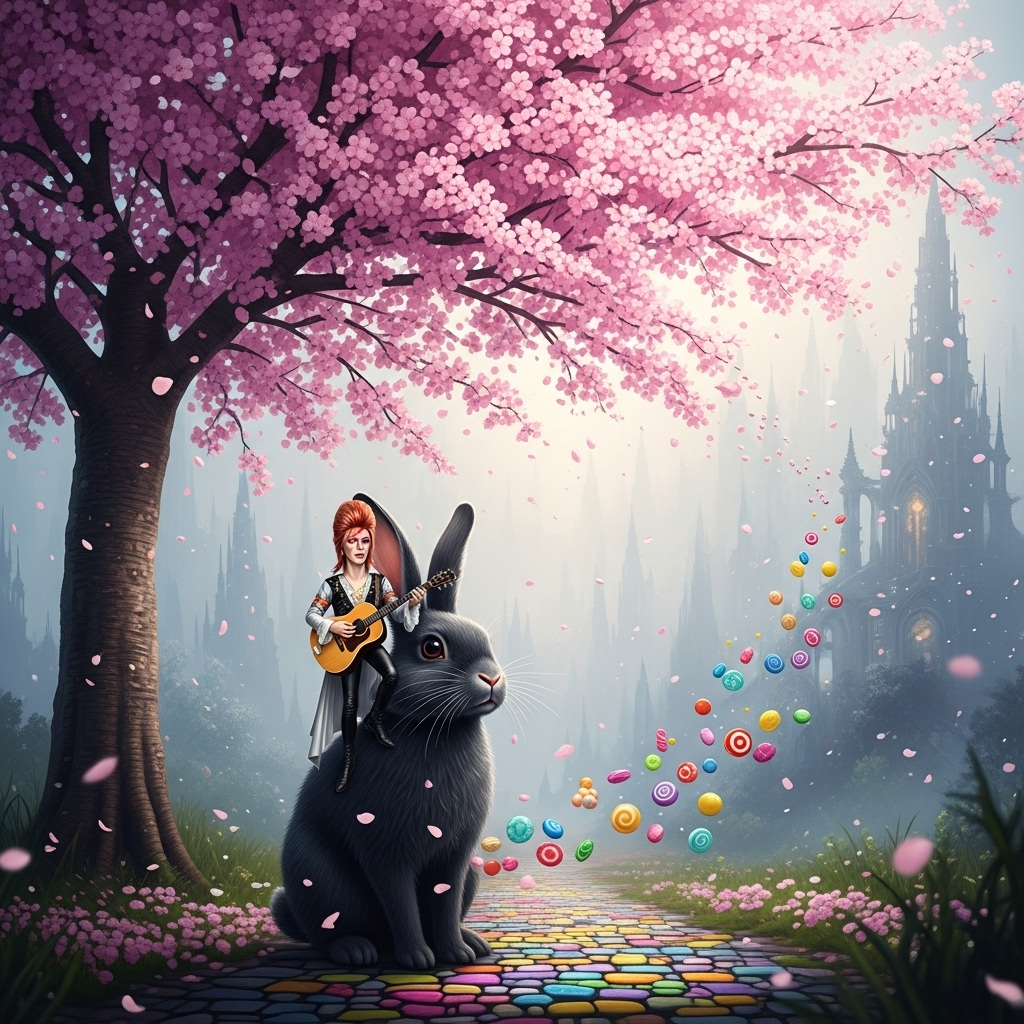 David bowie, Black rabbit with white nose, Cherry blossom tree, Sweeties, Gothic, Adventure , and Birthday Card