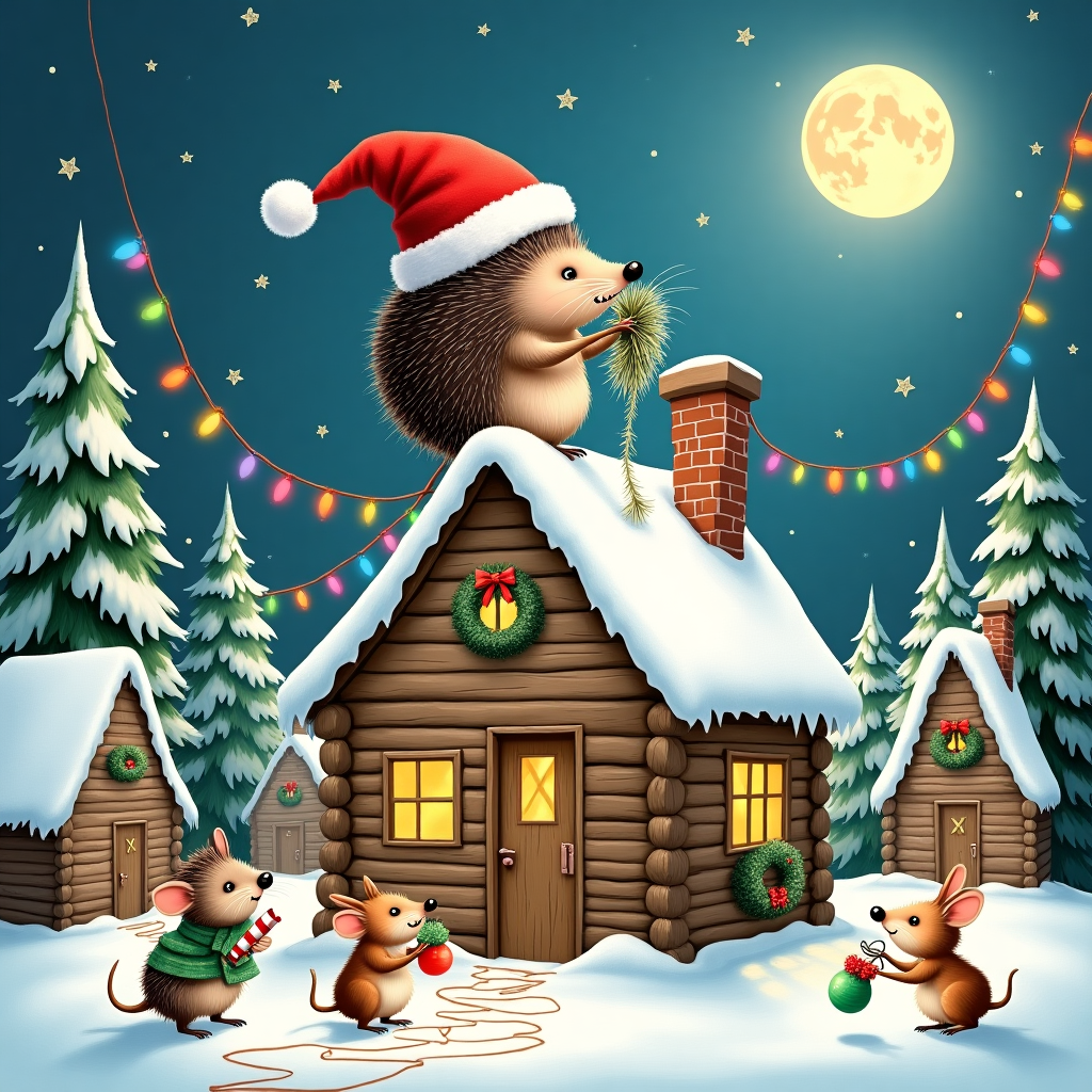 In this whimsical and comical Christmas card illustration, picture a charming little village covered in a blanket of snow, with quaint cottages lining the street, each adorned with twinkling fairy lights and wreaths on their doors. In the foreground, there is a cozy, slightly crooked log cabin, surrounded by snow-laden pine trees, their branches heavy with snowflakes. 

Perched atop the cabin's chimney is a portly hedgehog wearing a bright red Santa hat that is comically too large for him, its pom-pom dangling over one of his beady eyes. This hedgehog is triumphantly clutching a bundle of shiny tinsel, which cascades down the chimney like a sparkling waterfall.

Just below, a cheeky rat in a festive green scarf and a mischievous grin stands on its hind legs, holding a small clipboard. The rat appears to be directing a team of tiny forest critters who are hanging ornaments on the cabin, ensuring that the decorations meet his precise standards. To his left, a tiny squirrel with a candy cane is handing an acorn ornament to a rabbit, who is standing on tiptoes to place it just right.

A string of colorful Christmas lights weaves its way around the scene, held by a group of animated, dancing fireflies, illuminating the antics of the animal crew. In the background, you can see a starry night sky, with the moon shining brightly down on this delightful tableau, adding a magical glow to the entire scene.

This depiction, inspired by a medley of artistic styles, captures the essence of a playful, woodland holiday collaboration, with each animal character contributing their quirky personality to this festive endeavor.
Generated with these themes: hedgehog and a rat.
Made with ❤️ by AI.