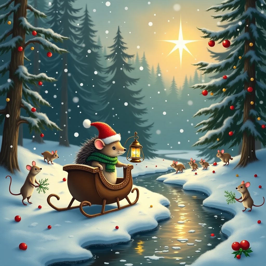 In the heart of a whimsical winter forest, amidst a flurry of twinkling snowflakes and festooned evergreen trees, our scene unfurls with a touch of festive mischief. Picture a hedgehog donning a tiny red Santa hat, his quills dusted with glimmering snow, as he clumsily clambers atop a makeshift sleigh crafted from an oversized acorn shell. Beside him, a rat sporting a knitted green scarf stands on his hind legs, holding a sprig of mistletoe with a mischievous twinkle in his eyes. The rat's tail is wrapped around a small, ornate lantern casting a warm glow that illuminates their path. Together, they set off down a gentle slope, where a winding trail of animal footprints leads into the distance. The forest floor is blanketed in snow, but pops of color emerge in the form of holly berries and scattered baubles that hang from the lower branches of the trees, hinting at the secret holiday preparations of the woodland creatures. A gentle stream meanders through the background, partially frozen, with playful reflections of the duo gliding across its surface. A family of curious bunnies peeks from behind a snow-laden log, watching the comical journey with wide, curious eyes. The sky above is a wash of twilight hues, with the first star beginning to twinkle in the crisp, frosty air. This enchanting scene captures a delightful holiday escapade shared between two unlikely friends, amidst a magical forest that dances with the spirit of Christmas.
Generated with these themes: hedgehog and a rat.
Made with ❤️ by AI.