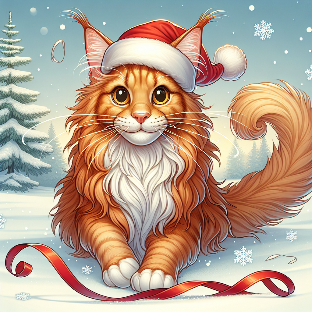 A slender ginger Maine Coon cat, illustrated in a cute cartoon Christmas scene, wears a tiny Santa hat at a jaunty angle. Its golden eyes shimmer with mirth as it chases a ribbon, adding a playful touch to the serene snowy landscape it inhabits.
.
Made with ❤️ by AI.