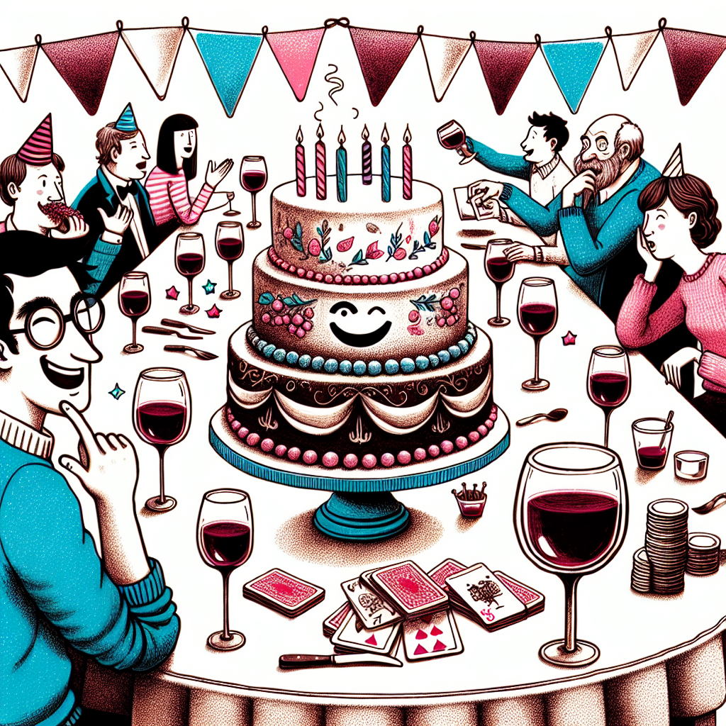 Create a whimsical birthday illustration that shows a charming table set with glasses filled with red wine and a playful, oversized birthday cake. Amidst the festive chaos, we see subtle details like a comically drawn figure winking suggestively and another holding a deck of game cards, indicative of an intense debate about to happen during a birthday game, subtly incorporating adult themes into the otherwise innocent scene.
Generated with these themes: Wine, Sex, and Pulling the race card.
Made with ❤️ by AI.