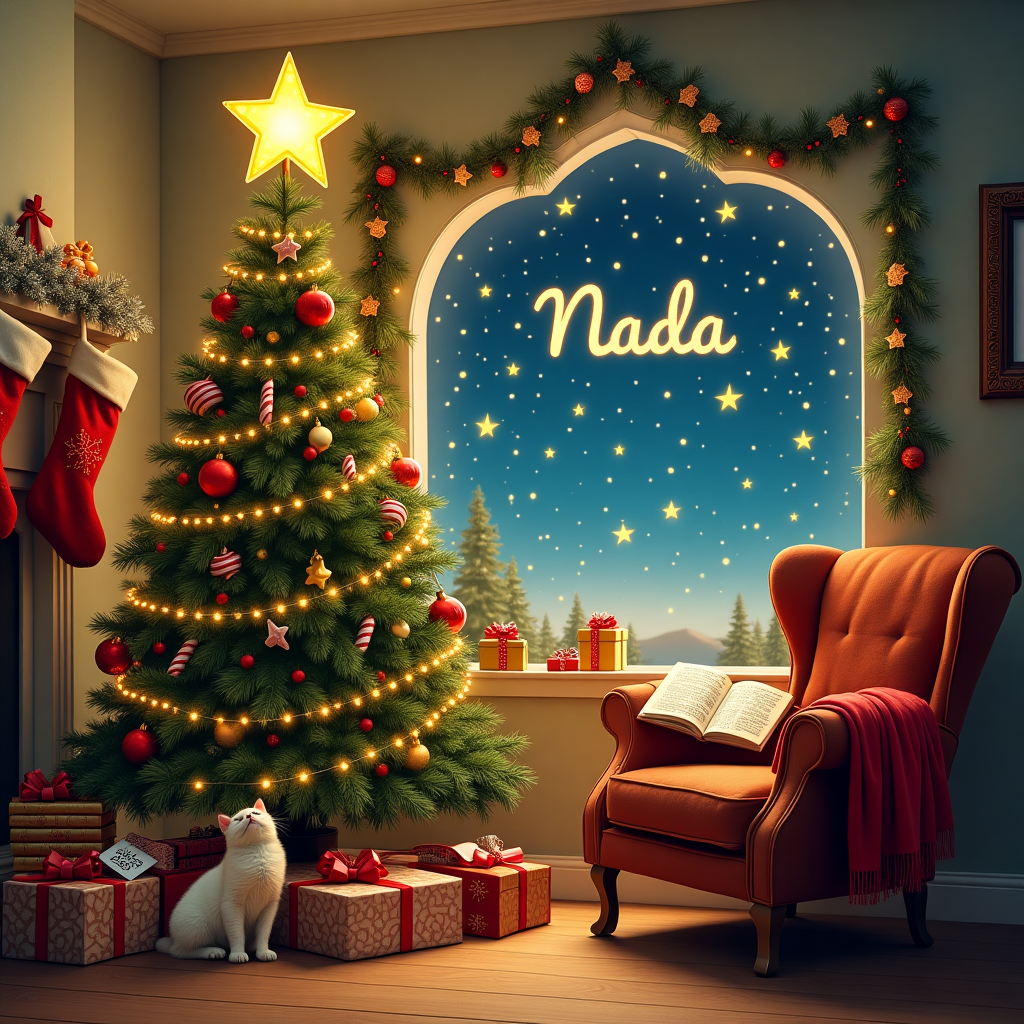 The scene is set in a cozy living room filled with the warmth of Christmas. A grand, lush Christmas tree stands in the center, adorned with twinkling lights and an eclectic mix of ornaments, including tiny replicas of stars, candy canes, and miniature Santa hats. The tree’s topper is a large, shimmering star that casts a gentle glow over the entire room. To the right of the tree, a whimsical star-shaped window provides a glimpse of a starry night sky, each star twinkling brightly, some forming the subtle outline of the recipient's name, "Nada," in a constellation-like pattern, just above the horizon. 

A plush, comfortable armchair sits nearby, draped with a soft, red blanket. On the armchair’s arm rests an open book, titled "Starlit Tales," with illustrations of constellations inside. Beneath the tree, a stack of presents wrapped in vibrant, metallic paper, reflects the tree lights, and each gift tag has a letter from the name "Nada," adding a personalized touch. 

On the floor, a playful cat is tangled up in a string of star-shaped lights, batting at them as they flicker on and off. Above the scene, garlands made of silver tinsel and tiny gold stars hang from the ceiling, cascading down like a meteor shower frozen in time. On a nearby mantel, stockings hang with care, embroidered with stars and holly leaves, completing this charming Christmas tableau. The whole scene is captured with a whimsical touch, blending the magical allure of the Christmas tree and stars with the personal touch of "Nada’s" name in the stars.
Generated with these themes: Christmas tree, and Stars.
Made with ❤️ by AI.