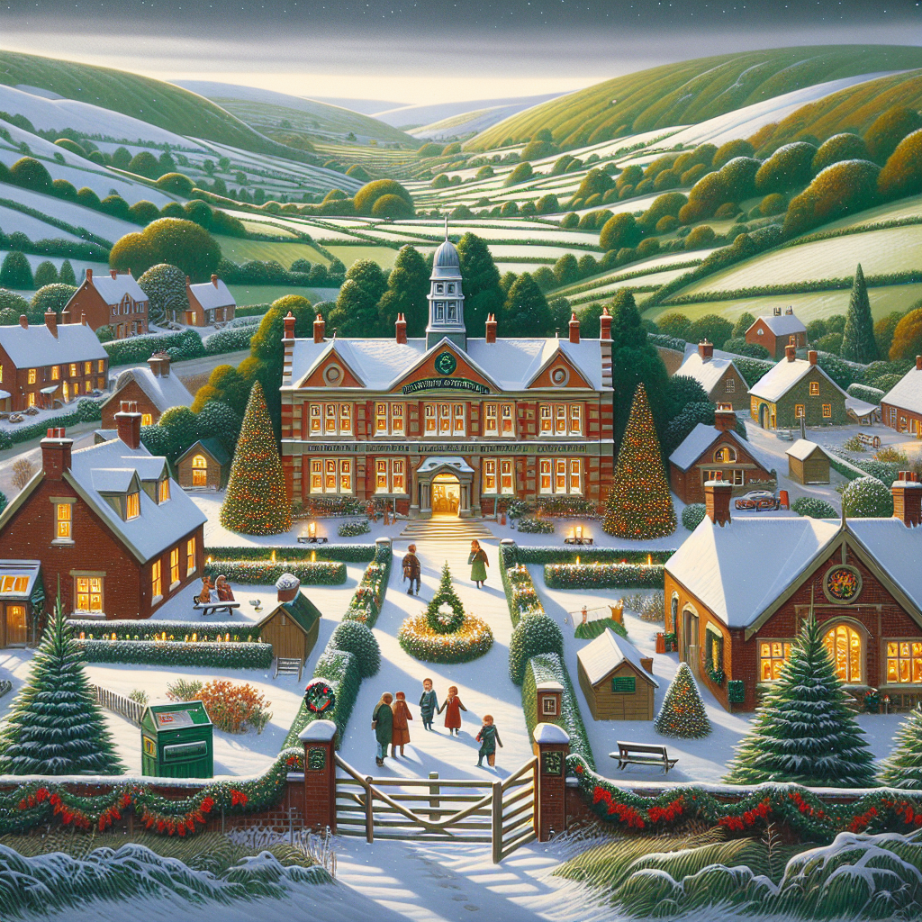 In a quaint village nestled among lush hills, the community gathers within the greenbelt for a solemn Christmas celebration. The countryside sparkles under a coat of fresh snow, with each house delicately illuminated by candlelight. The village hall stands proudly, draped in garlands of evergreen and holly. A banner above the doorway proclaims 'North Mymms Green Belt Society wishes you a Merry Festive Season and a Happy New Year', capturing the essence of the season's joy and tranquility.
Generated with these themes: Countryside, Village, Community, Greenbelt, Hills, and Village hall.
Made with ❤️ by AI.