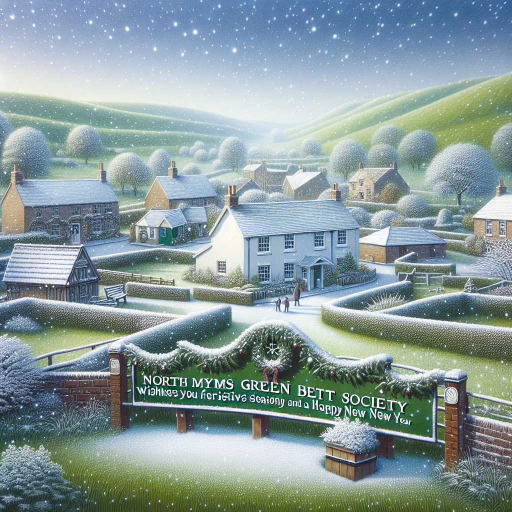 Snowflakes drift gently over the countryside, dusting the greenbelt and village with a crystalline layer. The community's heartbeat is the village hall, where residents assemble to share festive cheer. Here, the atmosphere is one of heartfelt realism amidst the undulating hills, and a sign elegantly scripted with 'North Mymms Green Belt Society wishes you a Merry Festive Season and a Happy New Year' adds a touch of warmth to the chilly air.
Generated with these themes: Countryside, Village, Community, Greenbelt, Hills, and Village hall.
Made with ❤️ by AI.