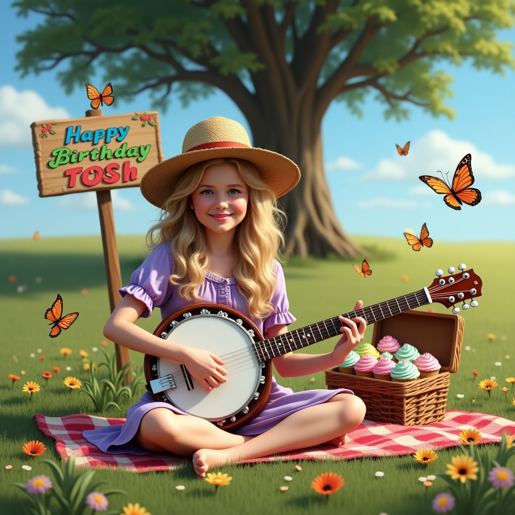 Front and center, a lifelike blonde girl with shimmering, cascading hair sits cross-legged on a grassy meadow. She's donning a vintage floral sundress in soft hues of lavender and rose, complete with a wide-brimmed straw hat. The banjo rests comfortably in her lap, its body a polished mahogany with gleaming metal hardware reflecting the sun’s rays.

The meadow is dotted with wildflowers in bursts of yellow, red, and purple, swaying gently in the breeze. Behind her, a clear azure sky stretches across the horizon, with a few fluffy white clouds lazily drifting by.

In the background, to the left, stands a towering oak tree, its branches stretching out wide. A colorful hand-painted wooden sign hangs from one of the branches, whimsically carved letters proclaiming "Happy Birthday Tosh" in vibrant shades of blue and green.

To the right, a vintage picnic basket lies open, revealing a glimpse of a red-and-white checkered blanket, with a few scattered cupcakes in pastel pink and mint green frosting, each adorned with tiny sugar flowers.

All around, butterflies with intricate patterns on their wings flit about, their colors matching the banjo's gentle harmonics. This is a scene where every detail comes alive with a touch of realism.
Generated with these themes: Blonde girl playing a banjo.
Made with ❤️ by AI.