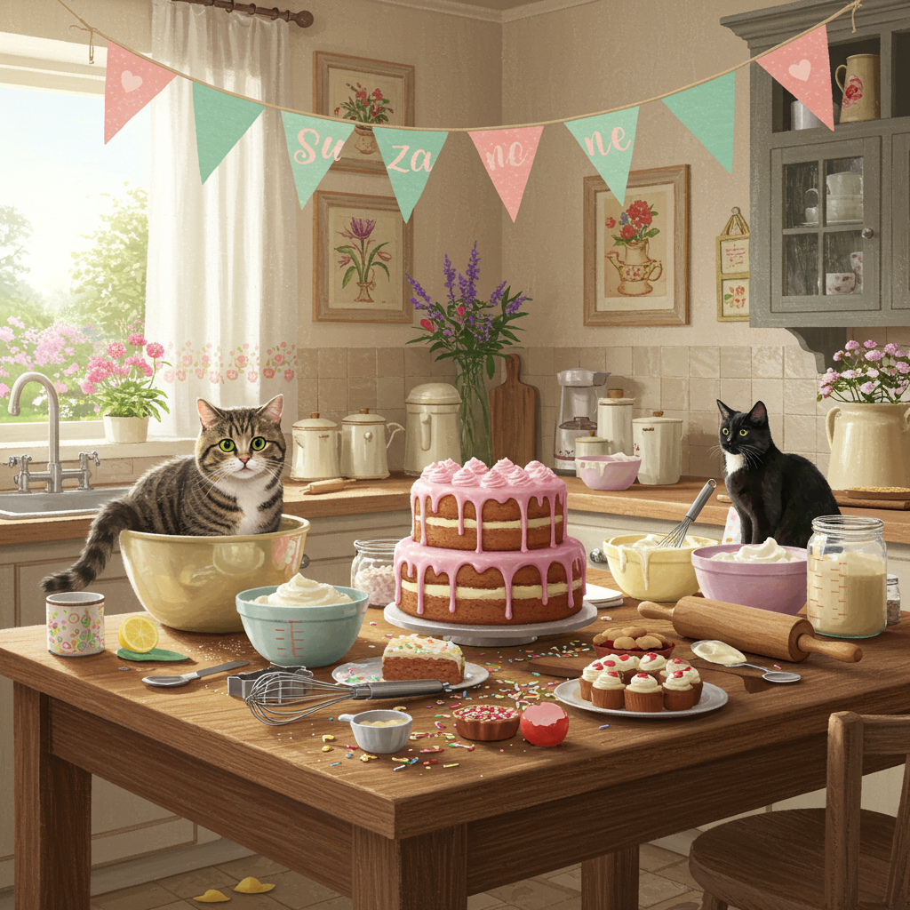The front cover of the greeting card should depict a cozy, rustic kitchen scene brimming with realistic details and a dash of whimsy. 

In the foreground, a wooden farmhouse-style table is strewn with baking supplies. On the table, there are mixing bowls filled with creamy batter and colorful sprinkles scattered about. A three-tiered cake, half-frosted in pastel pink icing, sits prominently on the table. Around the cake, various baking tools like a whisk, rolling pin, and measuring cups add to the lively clutter.

To the left of the cake, a plump tabby cat with striking green eyes and a slightly mischievous expression sits comfortably in a large mixing bowl, its tail flicking lazily. Another smaller, sleek black cat can be seen in the background, perched on the countertop, eyeing a bowl of fluffy whipped cream with curiosity.

Above the table, a string of triangular pennant banners hangs from the ceiling, with each flag in cheerful spring colors like mint green, lavender, and lemon yellow. One of these flags features the name "Suzanne" in bold, handwritten script, perhaps in a warm coral color that stands out against its mint green background.

The kitchen itself is warm and inviting, with cream-colored walls adorned with framed vintage baking prints. A window in the background lets in a soft morning light, casting gentle shadows on the scene. Outside the window, a glimpse of a blooming garden can be seen, with vibrant flowers in shades of pink and purple swaying gently.

This delightful mix of baking chaos and feline curiosity creates a visually engaging and humorous setting perfect for celebrating Mother’s Day.
Generated with these themes: Baking cakes, and Cats.
Made with ❤️ by AI.