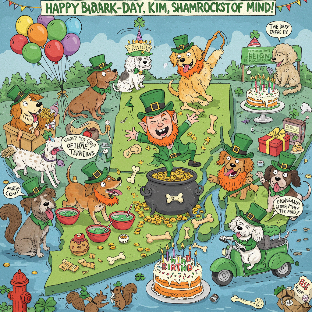 **Image Prompt:**  
At the top of the illustration image, write: *“Happy Bark-Day KIM, from the Shamrock State of Mind!”*

**Image Description (for the artist to draw):**  
An energetic group of cartoon-style dogs, each wearing tiny green leprechaun hats and fake red beards, is gathered on a tiny, exaggeratedly small map of Rhode Island (the “smallest state” being the joke). The dogs are throwing a wild party — balloons tied to fire hydrants, bowls of green punch, and a limbo stick held up by two squirrels.

In the center, a mischievous leprechaun with dog treats in his pot of gold grins as a happy Golden Retriever jumps into it, sending dog bones flying.

Off to the side, a Poodle rides a tiny green scooter with a flag reading “PAW-tland, RI,” zooming past a birthday cake shaped like a giant dog bone, covered in rainbow sprinkles and candles shaped like shamrocks.

Bright colors, goofy expressions, and chaos all add to the fun vibe. The whole scene bursts with playful, quirky birthday energy – perfectly cheeky for someone named KIM!
Generated with these themes: Dogs, Rhode island , and Leprechauns .
Made with ❤️ by AI.