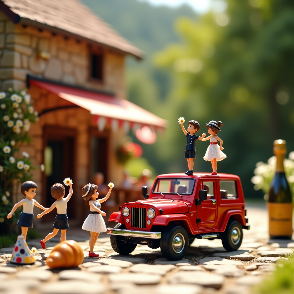 **At the top of the realistic photograph image:** *Bonne Birthday Jhen – Keep on jeepin’ and jivin’ through life!*

**Image Prompt:**  
A highly realistic, sun-drenched photograph set in a charming miniature French countryside scene. A shiny red toy-sized Jeep, about the scale of a matchbox car, is parked beside a rustic stone café adorned with tiny potted daisies. In front of the café, several elegant miniature figurines dressed in French-inspired party attire are mid-can-can dance, legs hilariously frozen in high kicks. One tiny figurine, sporting a beret and sunglasses, is dancing on top of the red Jeep holding a daisy like a microphone. Bunting in the French flag colors flutters in the breeze. A ridiculously small croissant lies half-eaten next to a party hat on the ground. A bottle of birthday champagne (in Barbie-doll size) is exploding in the background with perfect comic timing. Everything is lit with warm afternoon light to give a delightful summery French fête atmosphere.
Generated with these themes: Red jeep, Minitaures, French, Dance, and Daisy.
Made with ❤️ by AI.