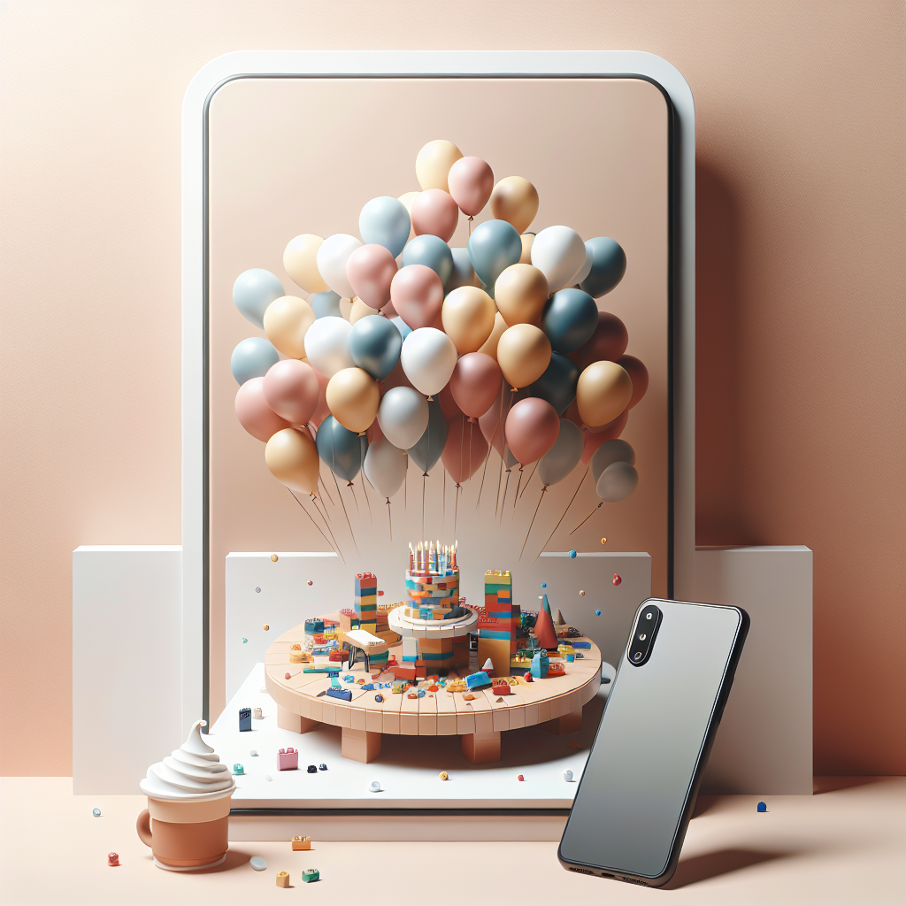 Create an image that portrays an abstract birthday scene filled with a distinctive interest and charm. The scenario should include soft-hued balloons floating above a space. In the center, there should be a table with the color of coffee, where a Lego mosaic resides. This Lego creation needs to humorously represent a birthday party. Near to this, place a sleek, minimalist design phone, which indicates a touch of modernity in contrast with the playful elements of coffee-colored table and Lego.
Generated with these themes: Lego coffee phone.
Made with ❤️ by AI.