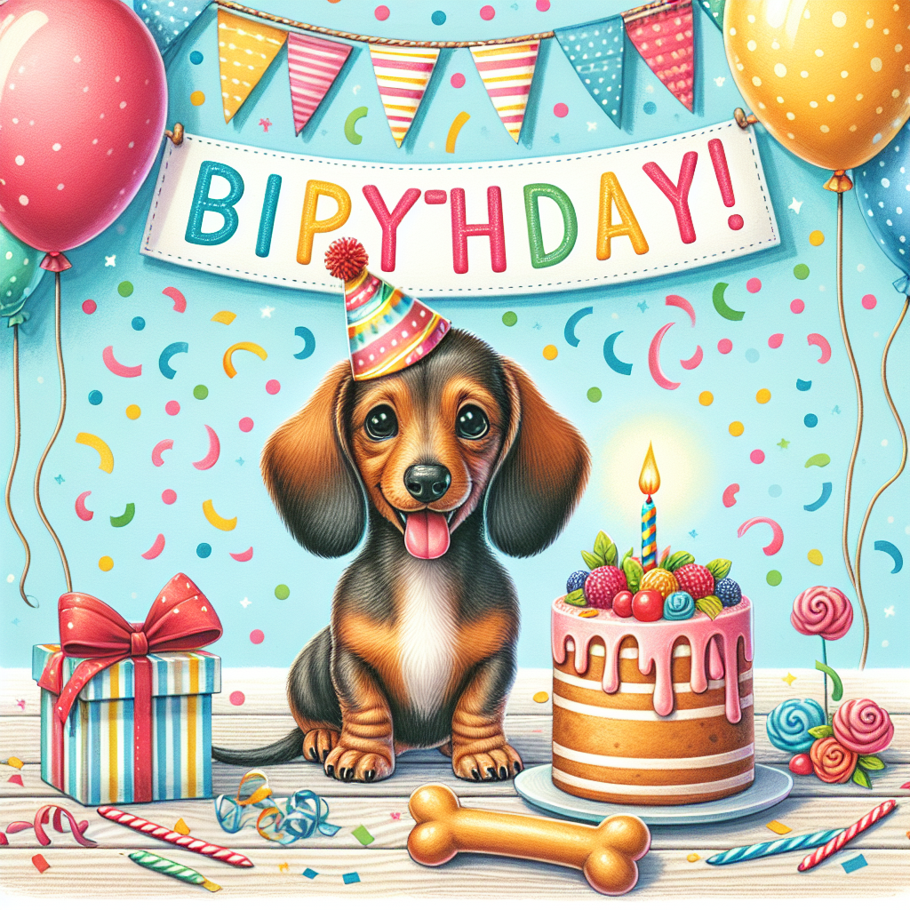 Create a heartwarming birthday-themed illustration. At the center of the scene, place an adorable dachshund wearing a party hat. The dachshund is surrounded by colorful balloons and a festive banner that melodiously proclaims 'Happy Birthday!' The backdrop of the scene is embellished with cheerful confetti. Situated right beside the puppy is a quaint little birthday cake, ornamented with a bone-shaped candle, inviting everyone to partake in the celebration.
Generated with these themes: Dachshunds.
Made with ❤️ by AI.