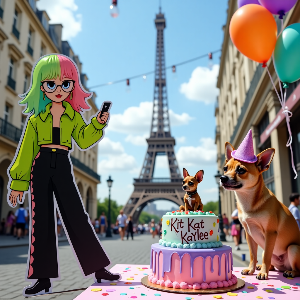 Front and center, imagine a lively birthday scene set in the heart of Paris. The iconic Eiffel Tower stands proudly in the background, its iron lattice gleaming under a bright, blue sky dotted with fluffy white clouds. Below, the bustling cobblestone streets of Paris are alive with energy.

To the left, there's a lifelike cutout of Billie Eilish sporting her signature oversized neon green and black outfit, complete with her vibrant two-tone hair. She's striking a playful pose, with a hand holding a smartphone capturing a TikTok moment.

On the right, a charming Chihuahua and German Shepherd puppy mix is playfully perched on a small table. The puppy's large ears and expressive eyes are almost cartoonish in their detail, and it wears a tiny, glittery beret, adding a whimsical touch to the Parisian scene. Its tail is wagging enthusiastically, causing a small party hat to wobble on its head.

In the foreground, a decadent birthday cake sits prominently. It's an extravagant confection with multiple layers, iced in pastel shades of pink, lavender, and mint green. The top layer features a miniature Eiffel Tower made of chocolate. Written across the middle tier in bold, playful frosting letters is "Kit Kat Kaylee."

Scattered around the scene are vivid party decorations: colorful confetti floats in the air, clusters of vibrant balloons in shades of teal, orange, and purple tied to the table legs, and sparkling fairy lights strung between nearby lamp posts, casting a soft glow over the celebration.
Generated with these themes: Billie Eilish, TikTok , Chihuahua and German shepherd puppy mix , and Paris .
Made with ❤️ by AI.