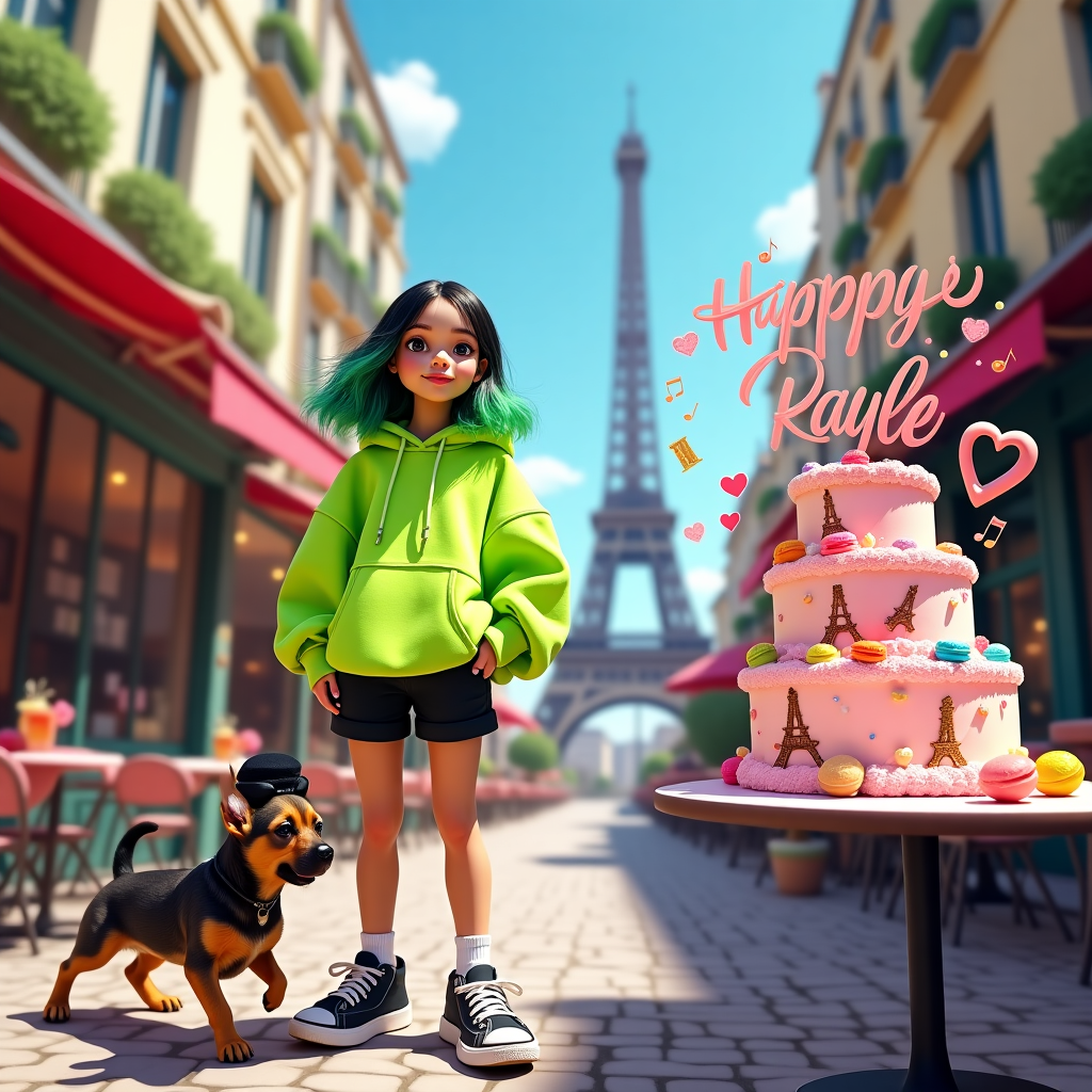 Front and center, imagine a vivid street in Paris with the iconic Eiffel Tower peeking in from the background. The sky is a bright blue, speckled with fluffy white clouds. A cobblestone path leads towards the tower, lined with charming Parisian cafes. The tables are dotted with colorful macarons and quaint teacups.

On one side of the card, a lifelike representation of Billie Eilish is striking a pose, clad in her signature oversized neon green hoodie paired with black shorts and chunky sneakers. Her trademark black and green hair stands out vividly against the backdrop.

Next to Billie, a delightful German Shepherd and Chihuahua mix puppy frolics playfully, its fur a blend of browns and blacks, a nod to its mixed heritage. Its expressive eyes glint with the sunlight, and a tiny beret adorns its head, adding a cheeky Parisian touch.

In the background, a large, oversized smartphone screen displays a TikTok interface. The phone seems to be levitating above a café table, showing a dance video with animated notes and hearts floating around.

The pièce de résistance is a whimsical three-tier birthday cake resting on a table to the right. The cake is elaborately decorated, featuring edible Eiffel Towers and musical notes. Across the top tier of the cake, in vibrant icing, are the words "Kit Kat Kaylee," elegantly written as if in celebration.

The scene is a harmonious blend of detailed realism and surreal elements, capturing a vibrant and eclectic birthday celebration.
Generated with these themes: Billie Eilish, TikTok , Chihuahua and German shepherd puppy mix , and Paris .
Made with ❤️ by AI.