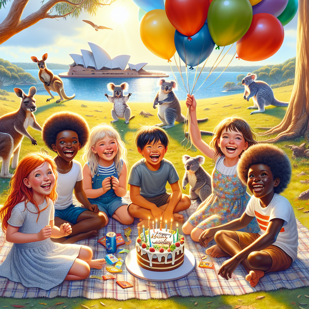 A heart-warming birthday illustration set in the sunlit landscape of Australia where a diverse group of joyous grandchildren enjoy a festive picnic. The children, looking like they could belong to diverse descents such as Caucasian, Black, Hispanic, South Asian, Middle Eastern and so on, exhibit broad smiles and clutch vibrant balloons. Amid their circle sits a large birthday cake adorned with a small model of the Sydney Opera House. They are encircled by distinct Australian wildlife with a playful kangaroo energetically bouncing in the distance and koalas lounging on the proximate eucalyptus trees.
Generated with these themes: Australia , and Grandchildren .
Made with ❤️ by AI.