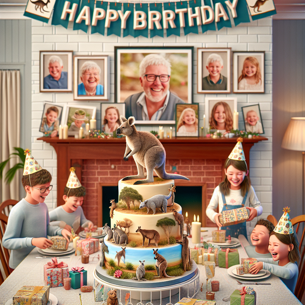 An endearing image of an Australian-themed birthday celebration. The picture manifests a cozy family atmosphere within an Australian home setting. On a mantle, there are several photos showcasing grinning grandchildren of various desecents. A festive 'Happy Birthday' banner decorates the room, framing the scene with cheerfulness. The main focus is a dining table carrying a stunning cake adorned with figures of native Australian wildlife, specifically a kangaroo and a koala. The grandchildren, wearing cheerful party hats and of distinct genders and descents, are enthusiastically unwrapping gifts, creating an atmosphere of joyous celebration.
Generated with these themes: Australia , and Grandchildren .
Made with ❤️ by AI.