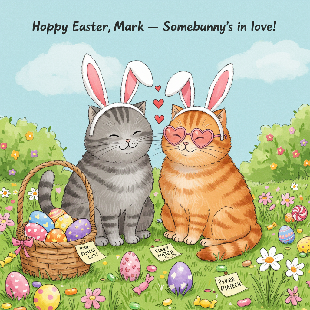 **Prompt for AI Image Generator (Funny Easter Illustration for a Greetings Card):**

At the top of the illustration image, write:  
**"Hoppy Easter, Mark — Somebunny's in love!"**

**Image Description:**  
Create a whimsical and romantic illustration of two cartoon-style cats sitting together in a sunny spring meadow dotted with Easter eggs, pastel flowers, and jelly beans. Both cats are wearing oversized, floppy pink-and-white bunny ears on their heads — the male cat is a grey tabby, slightly scruffy with a charming grin, and the female cat is a fluffy orange cat with heart-shaped sunglasses perched above her nose. They're lovingly rubbing noses, with tiny love hearts floating between them like butterflies. Behind them, a wicker Easter basket overflows with treats and colorful eggs shaped like little hearts. One egg has a note tied to it that reads “Purr-fect Match.” The whole scene radiates lighthearted affection, humor, and seasonal cheer. Style is playful, bright, and cartoonish — think quirky hand-drawn illustration with watercolor textures.
Generated with these themes: Two cats in love wearing bunny ears for Easter. One cat is male, the other one is female. Show that these cats are really in love and romantic .
Made with ❤️ by AI.
