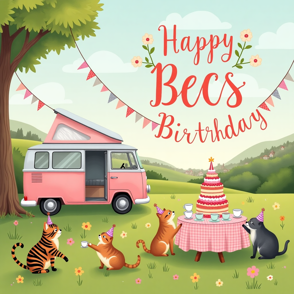 In the whimsical scene of our birthday greetings card, imagine a quaint meadow bathed in the soft glow of the afternoon sun. At the center of the scene, a charming pink and grey vintage campervan is parked, its pastel hues perfectly contrasting with the lush green grass beneath. The campervan is bedecked with bunting, each flag a different shade of pink and grey, gently swaying in the breeze. To the right of the campervan, a table has been set up for a delightful birthday tea party. The table is covered with a gingham cloth, dotted with an assortment of delicate teacups, saucers, and a towering, multi-layered cake with the name "Becs" carefully written in swirling icing atop it. 

Seated around the table, a gathering of playful cats donning tiny party hats are engaged in merry chatter. One feline, striped and curious, stretches out a paw towards a teapot, while another, a sleek grey, lounges with a satisfied look after sampling the cakes. To add an enchanting touch, a banner strung between the campervan and a nearby tree reads "Happy Birthday Becs" in vibrant, curling letters that seem to dance with joy. The name "Becs" also appears creatively in the sky, where fluffy clouds form the letters subtly, casting soft shadows on the ground below. The background is a tapestry of rolling hills and distant, quaint cottages, reminiscent of Beatrix Potter's landscapes, adding depth and storybook charm to the scene. This delightful illustration weaves together the essence of a celebration, adventure, and the warmth of friendship, creating a memorable birthday greeting for Becs.
Generated with these themes: Pink and grey campervan, Cats, Birthday tea party, and Happy Birthday Becs.
Made with ❤️ by AI.