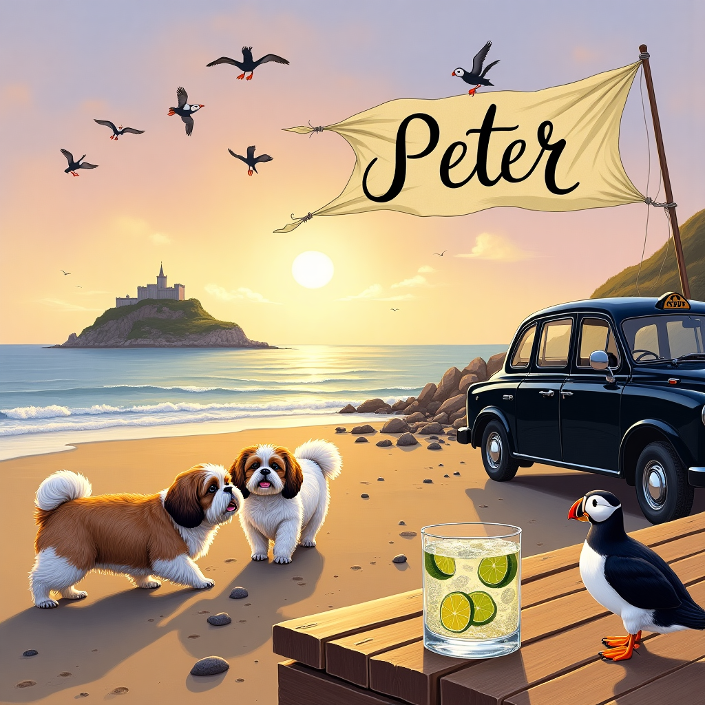 Front and center, a stunning seaside scene is laid out in intricate detail. The horizon is painted in shades of soft lavender and rose as the sun begins its descent, casting a golden hue over the iconic silhouette of St Michael’s Mount. The castle and rocky outcrop are rendered with fine cross-hatching reminiscent of Arthur Rackham's work, evoking a sense of grandiosity and history.

In the foreground, on a sandy beach scattered with smooth pebbles, three lively Shih Tzu dogs are playfully interacting. The two tan and white Shih Tzus are frolicking with their black and white companion, each strand of fur meticulously illustrated, capturing the fluffiness and playful energy of Maurice Sendak’s illustrations. Their bright, eager eyes and tiny paws create a delightful contrast against the rich, dark sands of the beach.

To the right, a flock of puffins is painted with Beatrix Potter-like precision. Their bold black and white bodies are highlighted with splashes of vivid orange on their beaks and feet, adding a lively pop of color. They perch on rocky outcrops and some are caught mid-flight, their wings elegantly sketched to show movement and freedom against the pale sky.

Resting on a beachside picnic table, a gleaming glass of gin and tonic is depicted with Maxfield Parrish's signature attention to light and color. The glass is filled with sparkling liquid, lime slices, and a hint of condensation, capturing the effervescence and clarity of a fresh drink under the setting sun. The table's wood grain is detailed with Norman Rockwell’s realistic texture, giving it a touch of the ordinary yet familiar.

Nearby, a classic London taxi is parked slightly askew, its glossy black exterior reflecting the sunset colors with Gustave Doré’s dramatic contrast. Its distinct shape is unmistakable, lending an urban touch to the otherwise natural setting.

Above this picturesque scene, a whimsical banner unfurls in the sky with Quentin Blake’s light and airy line work, carrying the name “Peter” in an elegantly looping script. The letters appear to be crafted from twinkling stars, subtly incorporating the upcoming night into the day's end.

This composition, rich with detail and inspired by various artistic influences, blends reality with a touch of fantasy, creating a card front cover that tells a story of love, adventure, and memory—all under the serene embrace of a seaside evening.
Generated with these themes: Seaside scene with st michael’s mount, 2 tan and white shih tzu dogs, 1 black and white shih tzu dog, Puffins, Gin and tonic , and London taxi.
Made with ❤️ by AI.