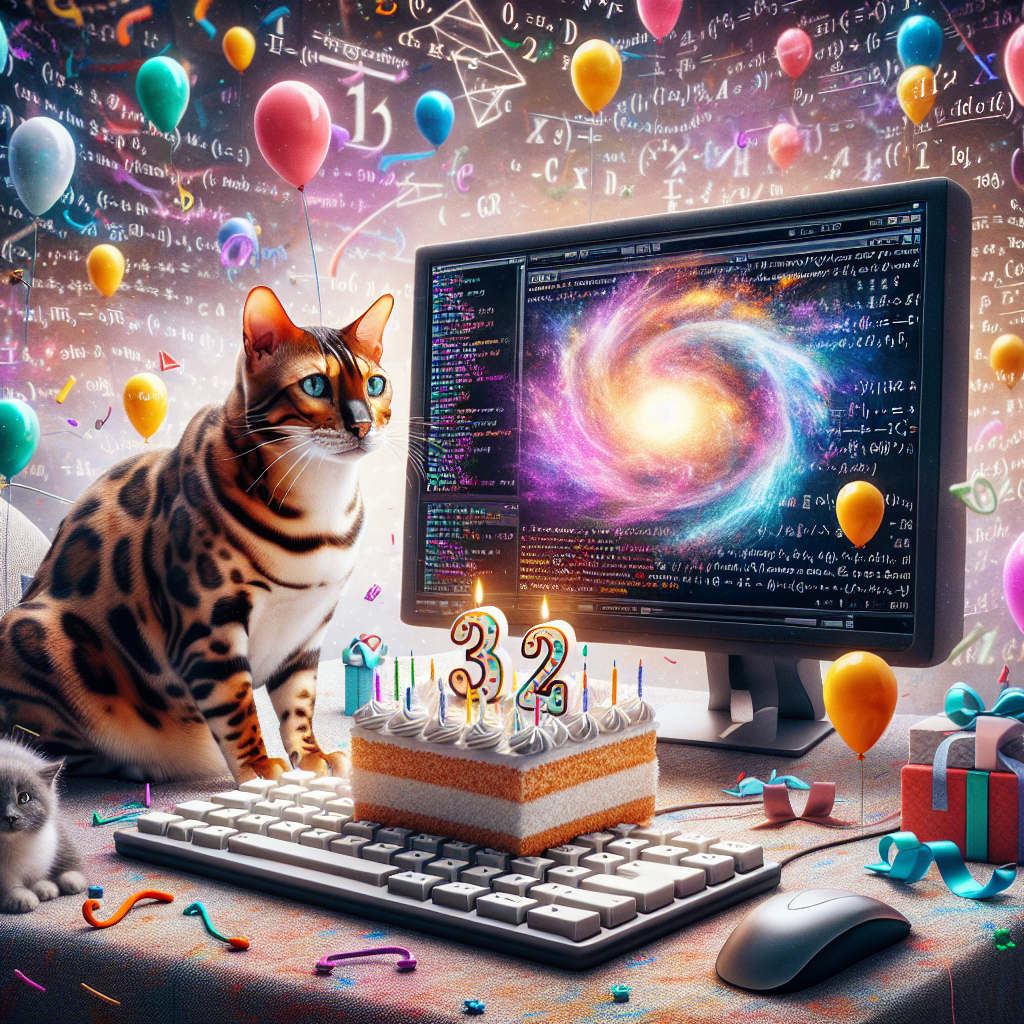 Create a surreal yet realistic birthday setting where a regal Bengal cat is seated next to a computer which showcases a screensaver filled with colorful birthday wishes entwined with floating algebraic equations. This reflects on the birthday person's enthusiasm for mathematics and programming. Meanwhile, a little chubby tabby and white feline is diligently tapping on a keyboard crafted to resemble a slice of birthday cake, comically combining the realms of digital tech and celebrations. Mathematical figures and snippets of code float around the space like inflatable balloons, bestowing an otherworldly, dream-like aura to the environment.
Generated with these themes: Bengal cat, Small fat TABBY AND WHITE CAT, Maths, Coding, and Computers.
Made with ❤️ by AI.
