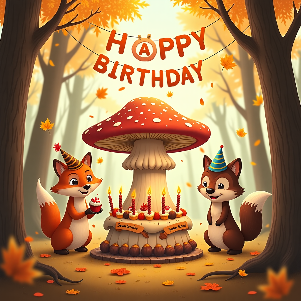 **At the top of the illustration image:** "Morgane, it’s your fungi birthday – time to spore some cake!"

**Prompt for image generation:**

A whimsical autumn forest scene filled with golden-orange leaves, dappled sunlight, and quirky oversized mushrooms with comically happy faces. In the center, a group of cartoon forest animals – including a fox in a party hat, a squirrel balancing cupcakes, and an owl DJ with tiny turntables – are gathered around a gigantic toadstool shaped like a birthday cake, complete with candles made of twigs and acorns. One mushroom is clearly the "birthday mushroom," proudly wearing a sash that reads “Spore-tacular!” Confetti made of fluttering leaves falls from the trees, and in the background, vines and brambles twist into bunting spelling out “HAPPY BIRTHDAY.” The entire scene should be brimming with personality, cheeky grins, and an explosion of autumnal woodland whimsy.
Generated with these themes: Nature, mushrooms, autumn, outdoors.
Made with ❤️ by AI.