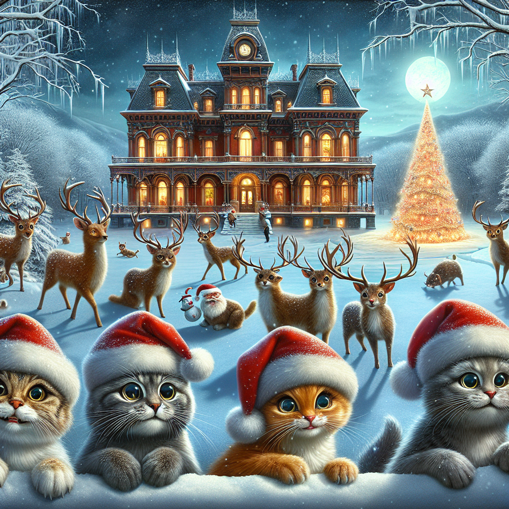 Amid a snowy Victorian landscape, a group of cats don Santa hats, their eyes wide with bewilderment as they navigate the frosty terrain. A grand Victorian mansion looms in the background, its windows glowing warmly. Reindeer, with an almost discernible wink of intelligence, frolic around a surreal, oversized Christmas tree at the center, adding a touch of whimsy to the scene.
Generated with these themes: Cats, Snow, Santa, Raindeer, and Victorian .
Made with ❤️ by AI.