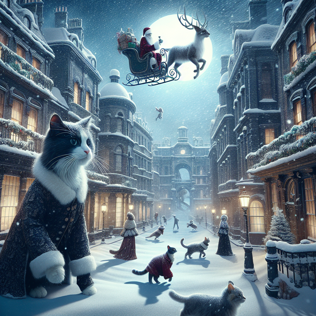 A surreal Victorian cityscape is transformed into a Christmas wonderland where cats, adorned in period costumes, stroll along the snow-covered streets. Snow falls in a calm, rhythmic pattern, blanketing the scene in wintery white. An ethereal Santa, with his team of majestic reindeer, appears to float just above the rooftops, delivering a touch of magic and festive spirit.
Generated with these themes: Cats, Snow, Santa, Raindeer, and Victorian .
Made with ❤️ by AI.
