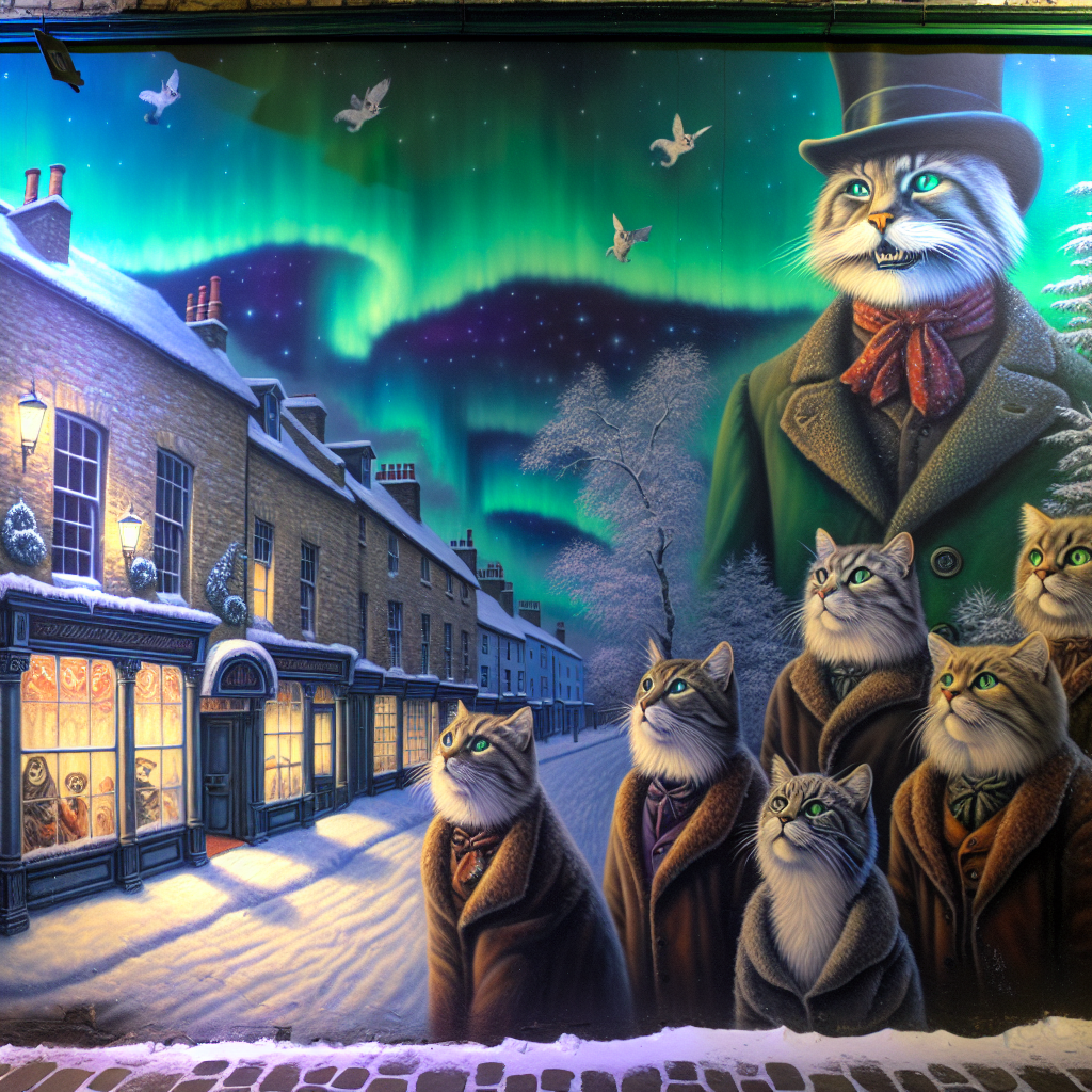 Under the soft glow of the aurora borealis, Victorian-garbed cats gaze curiously at a quaint Victorian village blanketed in snow. Santa and his reindeer are depicted in a hyper-realistic mural on the side of a cobblestone shop, creating a blend of fantasy and realism. The reindeer appear to turn and gaze out of the wall, while snowflakes gently drift around, giving life to the static image.
Generated with these themes: Cats, Snow, Santa, Raindeer, and Victorian .
Made with ❤️ by AI.