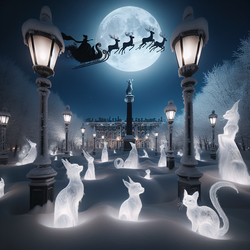 In a moonlit snowy park with Victorian lamp posts casting a soft glow, ethereal cats with translucent fur play among the drifts. Santa, in full Victorian attire, rides a sleigh pulled by reindeer above, their silhouettes etched against the night sky. The surreal backdrop of historical architecture is dusted with a fine layer of sparkling snow, intertwining nostalgia and fantasy.
Generated with these themes: Cats, Snow, Santa, Raindeer, and Victorian .
Made with ❤️ by AI.