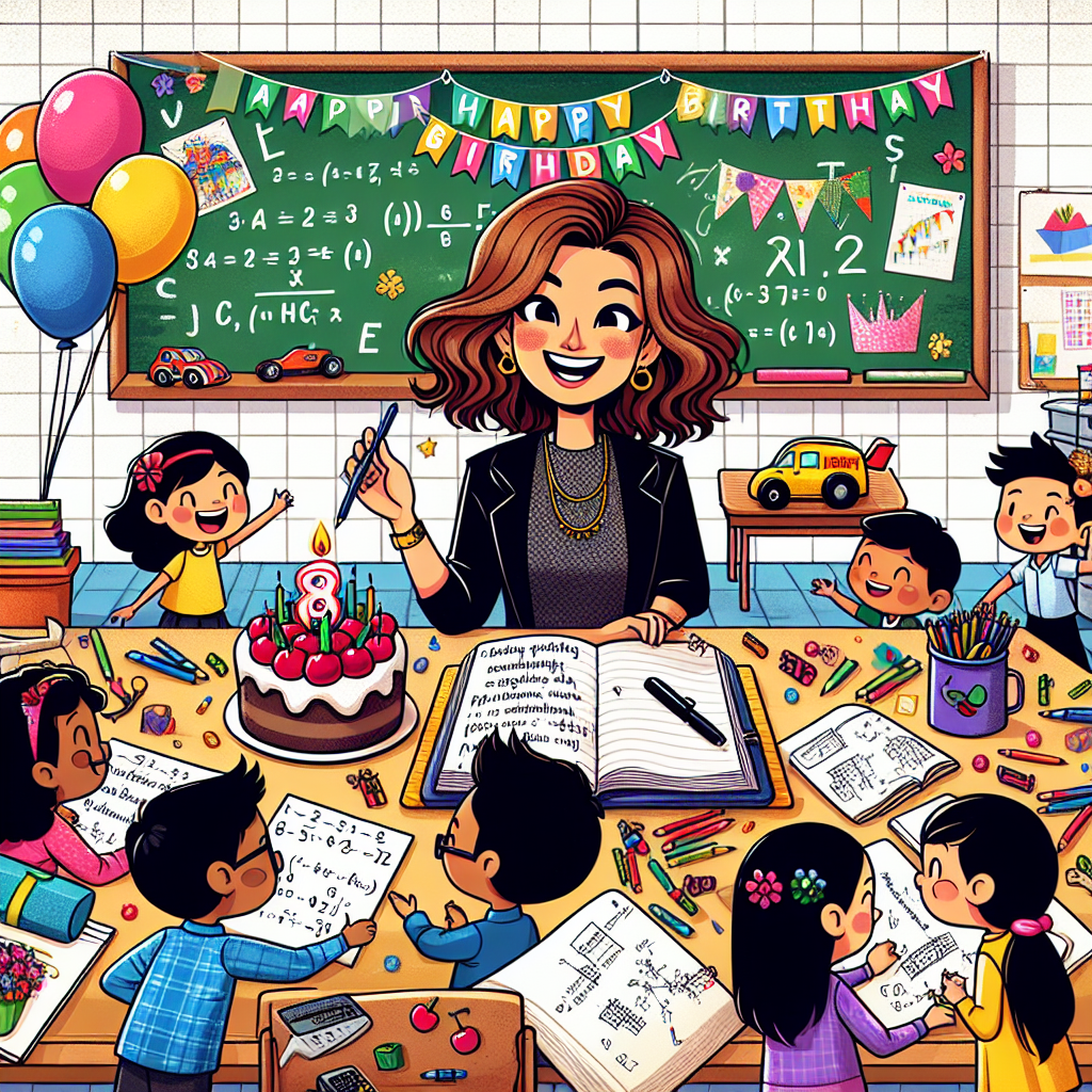 Cute young female teacher with brown wavy bob hair, Children, Classroom, Formula 1, Cherries, Planner diary, Stationery, and Black dr marten boots Birthday Card