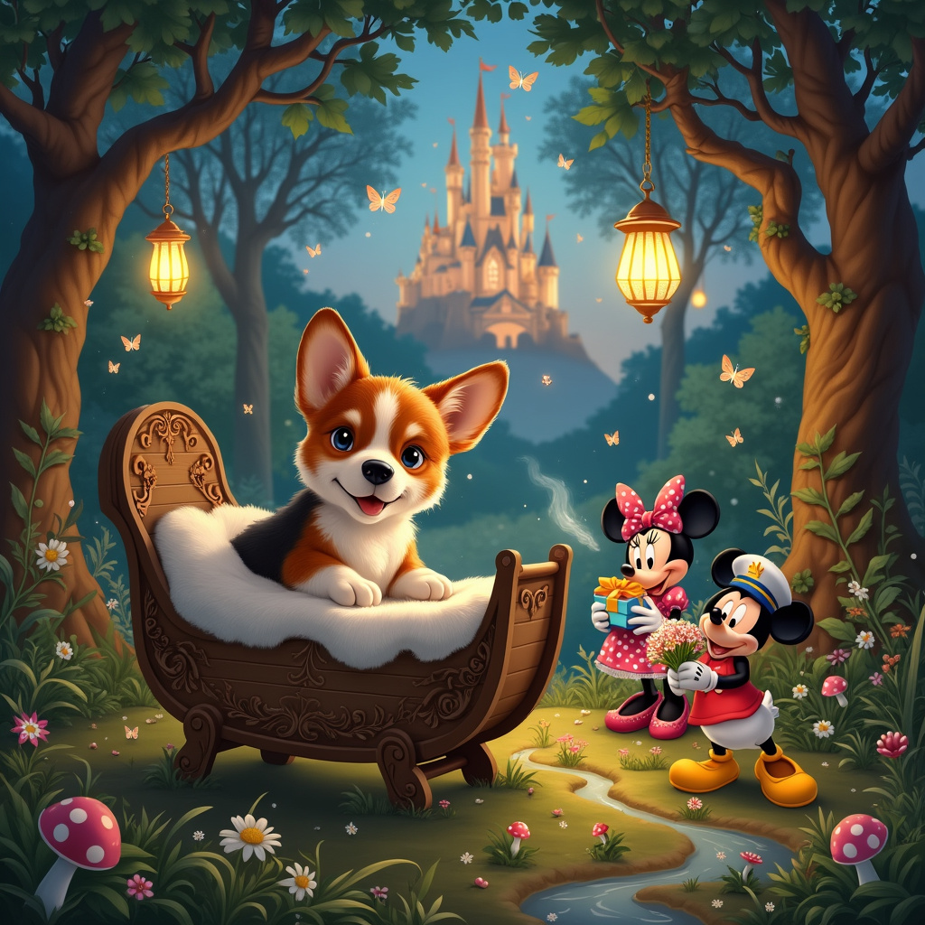 Tri-coloured corgi, and Disney New-baby Card