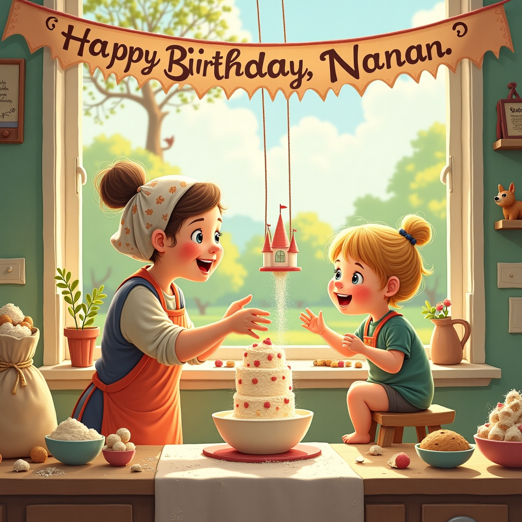 In this whimsical birthday card illustration, a cozy, sun-dappled kitchen becomes the heart of a delightful baking adventure. At the center of the scene, a warm, chubby-cheeked Grandma, with her hair tied back in a flowery kerchief reminiscent of Beatrix Potter's style, shares her culinary wisdom with a mischievous, blonde-haired baby girl. The baby, perched on a high stool with icing smeared on her cheeks, giggles as she attempts to sprinkle flour over an oversized mixing bowl. The countertop is cluttered with ingredients—a towering sack of flour, cracked eggshells, and colorful, overflowing bowls of icing. Nearby, a whimsical cake in the shape of a castle rises majestically, with delicate, pastel frosting details inspired by Maxfield Parrish's dreamy landscapes. Floating above this charming scene, a festive banner crafted from candy-colored paper letters spells out "Happy Birthday, Nanan!" In the background, the window reveals a view of a vibrant garden where a swing tied to a sturdy oak sways gently in the breeze, recalling the magical illustrations of Arthur Rackham. Tiny animal figurines, reminiscent of Edward Gorey's intricate drawings, line the window sill, their eyes seemingly watching the joyful baking chaos unfold. The air is filled with the aroma of freshly baked cookies, inviting viewers to join the delightful kitchen escapade.
Generated with these themes: Grandma, Baby girl blonde, and Baking.
Made with ❤️ by AI.