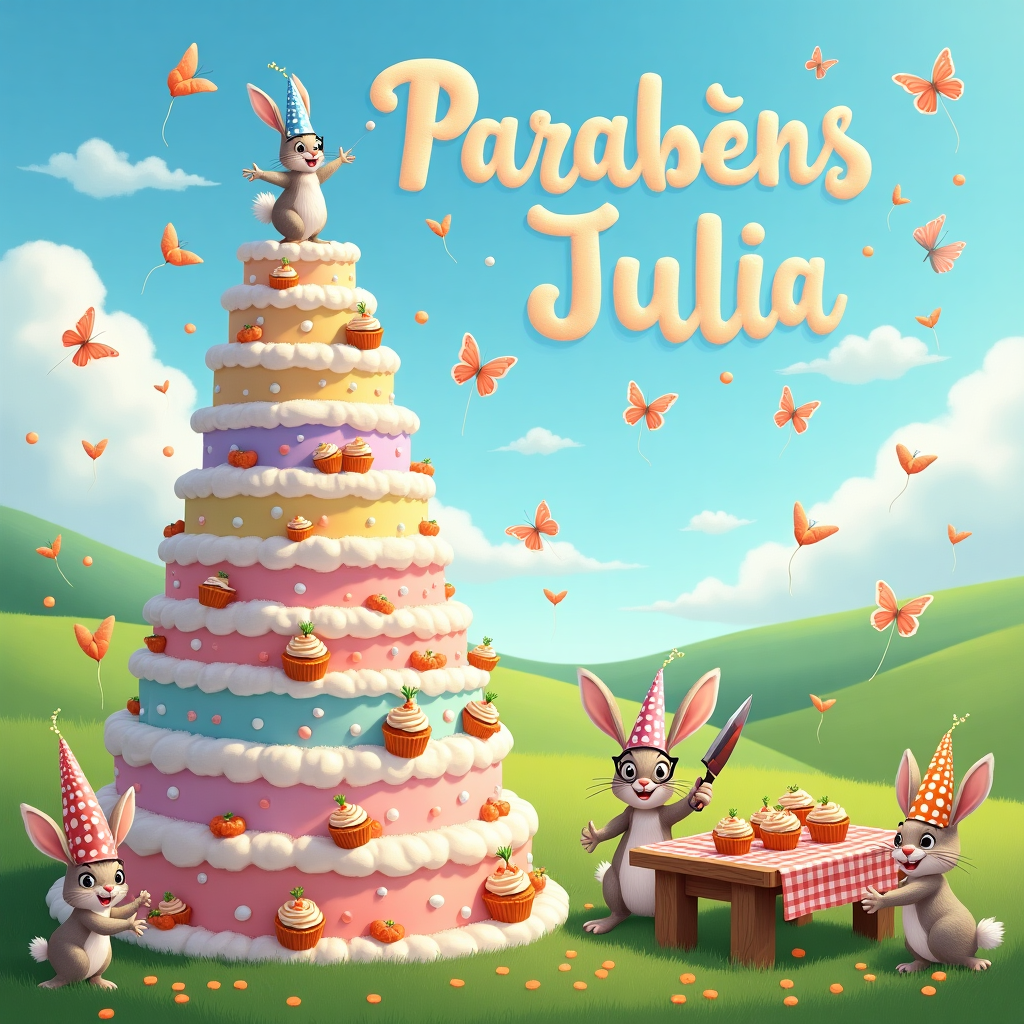 In the whimsical world of this greeting card, the scene unfolds in a vibrant meadow where a birthday celebration is in full swing. At the center of this joyous gathering is an enormous, towering birthday cake, whimsically crafted with pastel layers that resemble a stack of fluffy clouds. Each tier is topped with delicate sugar butterflies, their wings shimmering in hues of lavender, sky blue, and sunshine yellow, as if they've just alighted to join the festivities.

Around the base of the cake, a lively assembly of bunnies frolics. These playful characters, reminiscent of Disney's Thumper, are each wearing party hats, some tilted charmingly askew, in various shades of polka-dotted colors. One particularly adventurous bunny has its nose buried in a carrot-shaped cake pop, while another hops joyfully, juggling mini carrot balloons tied to strings.

The background is a canvas of rolling green hills under a clear azure sky. A playful breeze carries a whimsical parade of fluffy clouds that spell out "Parabéns Julia" in a light, airy script that dances across the heavens. This message is framed by fluttering butterflies, their trails weaving the letters together like a magical ribbon in the sky.

In the foreground, a wooden picnic table draped with a checkered tablecloth hosts a spread of tiny carrot cupcakes, each topped with frosting butterflies. A bunny with oversized glasses stands at the table, attempting to cut a slice of cake with an enormous, comedic cake knife, eliciting giggles from the onlooking bunnies.

The scene is a tapestry of cheerful chaos, where every element intertwines seamlessly to tell a birthday tale that blends nature's beauty with joyful celebration.
Generated with these themes: Butterflies, Bunnies, Cake, Write "Parabéns Julia" as a message, and Carrots.
Made with ❤️ by AI.