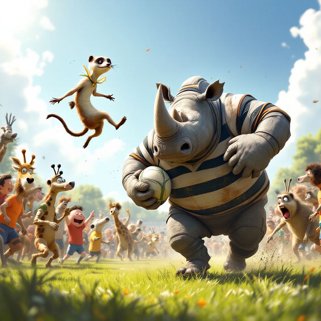 In the middle of a sunlit rugby field, a scene of delightful chaos unfolds. At the center, a burly, anthropomorphic rhino, wearing a stretched, mud-splattered rugby jersey, charges forward with a rugby ball tucked under his massive arm. His eyes are comically wide with determination. Just ahead of him, a cheeky meerkat in a referee's uniform, complete with an oversized whistle around its neck, is suspended in mid-air, having leapt out of the rhino's path with an exaggerated "Whoa!" expression. The rhino's teammates, a diverse assembly of other quirky animals, such as a lanky giraffe awkwardly trying to grab a pass with its mouth and a short, stout hedgehog valiantly rolling into a ball to avoid a tackle, populate the scene.

In the foreground, a group of animated, child-like humans, reminiscent of Charles Schulz's Peanuts gang, are dressed in bright, mismatched rugby gear. They stand at the sidelines, some laughing, some pointing, and one holding a sign that reads, "Go Team Fun!" drawn in crayon-like letters. To the side, a friendly dog, drawn in the spirit of Hergé's Snowy, is cheerfully chasing its tail, oblivious to the action.

In the background, a small crowd of spectators, drawn in the whimsical style of Bill Watterson's Calvin and Hobbes, sits on rustic wooden bleachers. One spectator, an older man with a bushy beard and a mischievous glint in his eye, is depicted holding an exaggeratedly large foam finger that says "#1" on it. Above them, a bright, cartoonish sun with sunglasses watches over the scene, while a flock of birds, drawn like the birds from a Winsor McCay dreamscape, forms the shape of a smile in the sky.

Scattered throughout the field are rugby-related items like a toppled goalpost (curved comically as if it melted in the sun), a scoreboard with all zeros and one giant question mark, and a ball stuck in a tree. The grass is lush, with daisies and dandelions peeking through, adding a touch of whimsy to the bustling scene. The card’s border is adorned with small doodles of rugby balls, cleats, and fun-filled faces, bringing the entire birthday-themed extravaganza together.
Generated with these themes: Rugby, and Fun.
Made with ❤️ by AI.