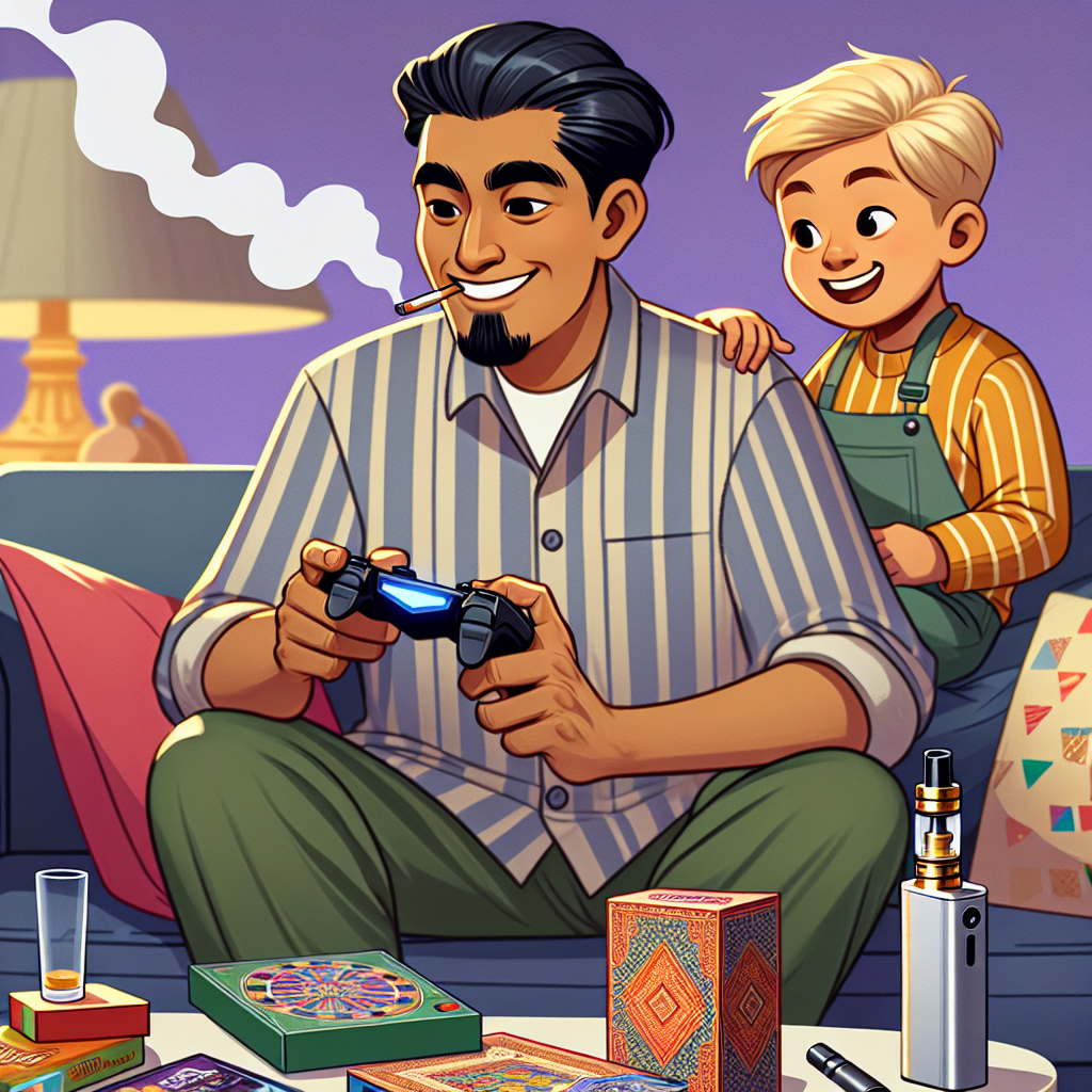 Illustrate a comedic and joyful cartoon scene for a birthday celebration. The scene features a South Asian father with a youthful air, clean-shaven with short, tidy dark hair, lounging on a couch. Beside him is a blond toddler, who is his son. Both are engrossed in a gaming console game. Various board games are scattered across the floor around them, symbolizing the fun they share together. Off to the side, there's a vape pen, adding a contemporary touch to this warm, family-centered setting.
Generated with these themes: Xbox, Father young blond boy toddler, Clean shaven short dark hair, Vape, Board games, and Laying on sofa.
Made with ❤️ by AI.