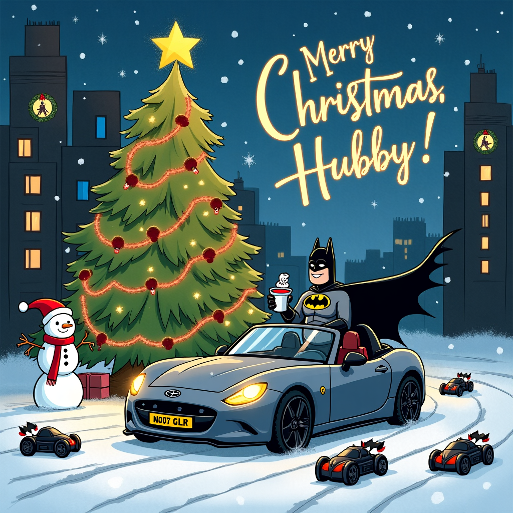 In this whimsical Christmas card scene, imagine a snowy Gotham City backdrop with a twist of holiday cheer. At the center, there's a sleek grey MX5 with the registration "N007 GLR" parked slightly askew under a large, shimmering Christmas tree adorned with bats instead of baubles. On top of the MX5's hood, Batman himself is lounging, his cape draped over the side of the car, holding a cup of hot cocoa with a marshmallow in the shape of a bat floating on top. He's wearing a Santa hat, slightly tilted to give that laid-back holiday vibe. 

To his left, a comical snowman resembling Robin, complete with a red scarf and green mittens, stands proudly. Around the car, tiny elf-sized versions of the Batmobile are zooming around, their headlights twinkling like Christmas lights. Above this delightful chaos, the night sky is painted in deep blues and purples, and a glowing message made of twinkling stars spells out "Merry Christmas, Hubby!" The letters are whimsically intertwined with illustrations of sleighs and candy canes.

In the background, tall Gotham skyscrapers are topped with festive wreaths, and in one of the windows, you can spot silhouettes of carolers in Batman costumes. The ground is dusted with snow, and tire tracks from the MX5 create playful loops and zigzags leading to where it's parked, suggesting a fun, snowy joyride. The entire scene is bustling with a sense of quirky holiday adventure, perfectly blending the themes of Batman, the MX5, and Christmas for "Hubby".
Generated with these themes: Grey MX5 with registration N007 GLR, Batman, Christmas, and Hubby.
Made with ❤️ by AI.