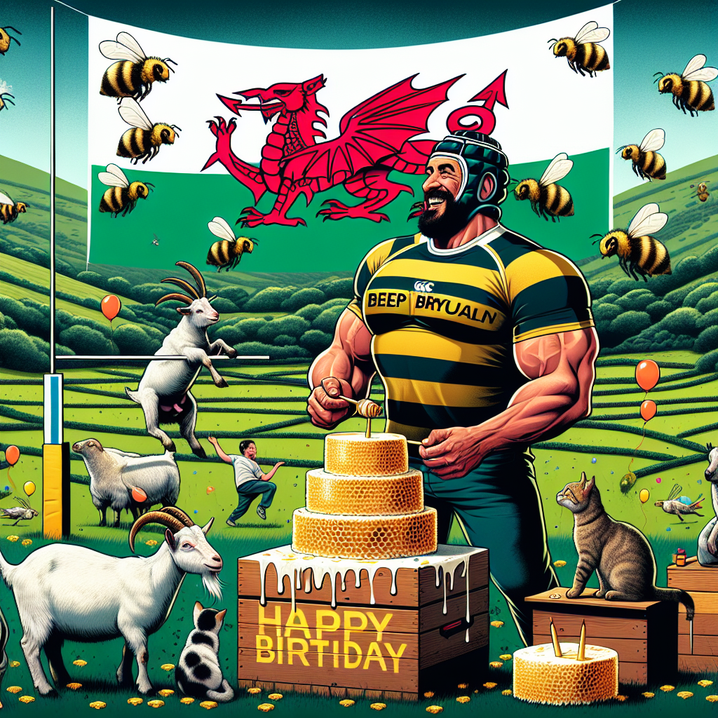 Illustrate an energetic birthday celebration taking place in the backdrop of a verdant Welsh countryside. Centre to the party is a muscular beekeeper of Hispanic descent, his bee suit comically tight across his physique, serving honeycomb-shaped rugby-themed treats to lively goats and cats. The goats, adorned in Welsh rugby jerseys, are engaged humorously in playing drop goals. The cats, on the other hand, find solace sitting atop mammoth beehives, purring in contentedness. High above, bees fly in a calculated manner, joining together to form a 'Happy Birthday' banner set against the Welsh flag. The flag's iconic dragon emblem is ingeniously intertwined with festive party decorations.
Generated with these themes: Bee keeping, Rugby, Wales, Cats, Goats, and Macho.
Made with ❤️ by AI.