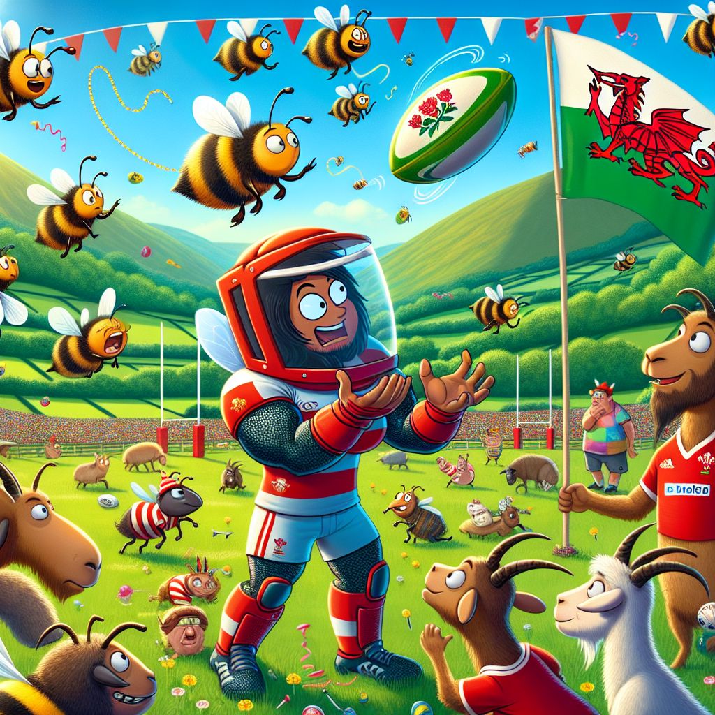 Visualize an animated scene showing a cheerful birthday celebration in the lush green landscapes of Wales with the symbolic red dragon flag waving in the wind. At the heart of the scene is a comically muscular South Asian female beekeeper who is dressed in protective gear and is proficiently juggling rugby balls adorned with different cartoon cat faces. Surrounding her is a swarm of amused bees wearing tiny party hats and engaging in a mini rugby game. On the peripheries, animated goats wearing Welsh rugby jerseys, appear to be immersed in joyous conversations. Some goats are even playfully trying to score tries with smaller balls. The sky is filled with vibrant hues, festive streamers, and the lively sound of the ongoing festivities.
Generated with these themes: Bee keeping, Rugby, Wales, Cats, Goats, and Macho.
Made with ❤️ by AI.
