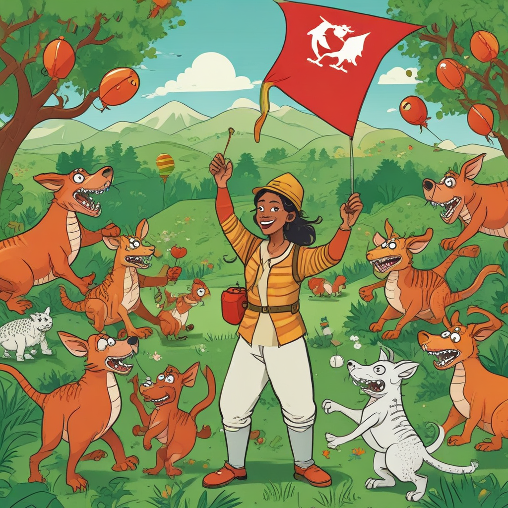 Cartoon Funny, Visualize an animated scene showing a cheerful birthday celebration in the lush green landscapes of Wales with the symbolic red dragon flag waving in the wind. At the heart of the scene is a comically muscular South Asian female beekeeper who is dressed in protective gear and is proficiently juggling rugby balls adorned with different cartoon cat faces. Surrounding her is a swarm of amused bees wearing tiny party hats and engaging in a mini rugby game. On the peripheries, animated goats wearing Welsh rugby jerseys, appear to be immersed in joyous conversations. Some goats are even playfully trying to score tries with smaller balls. The sky is filled with vibrant hues, festive streamers, and the lively sound of the ongoing festivities.
Generated with these themes: Bee keeping, Rugby, Wales, Cats, Goats, and Macho.
Made with ❤️ by AI.