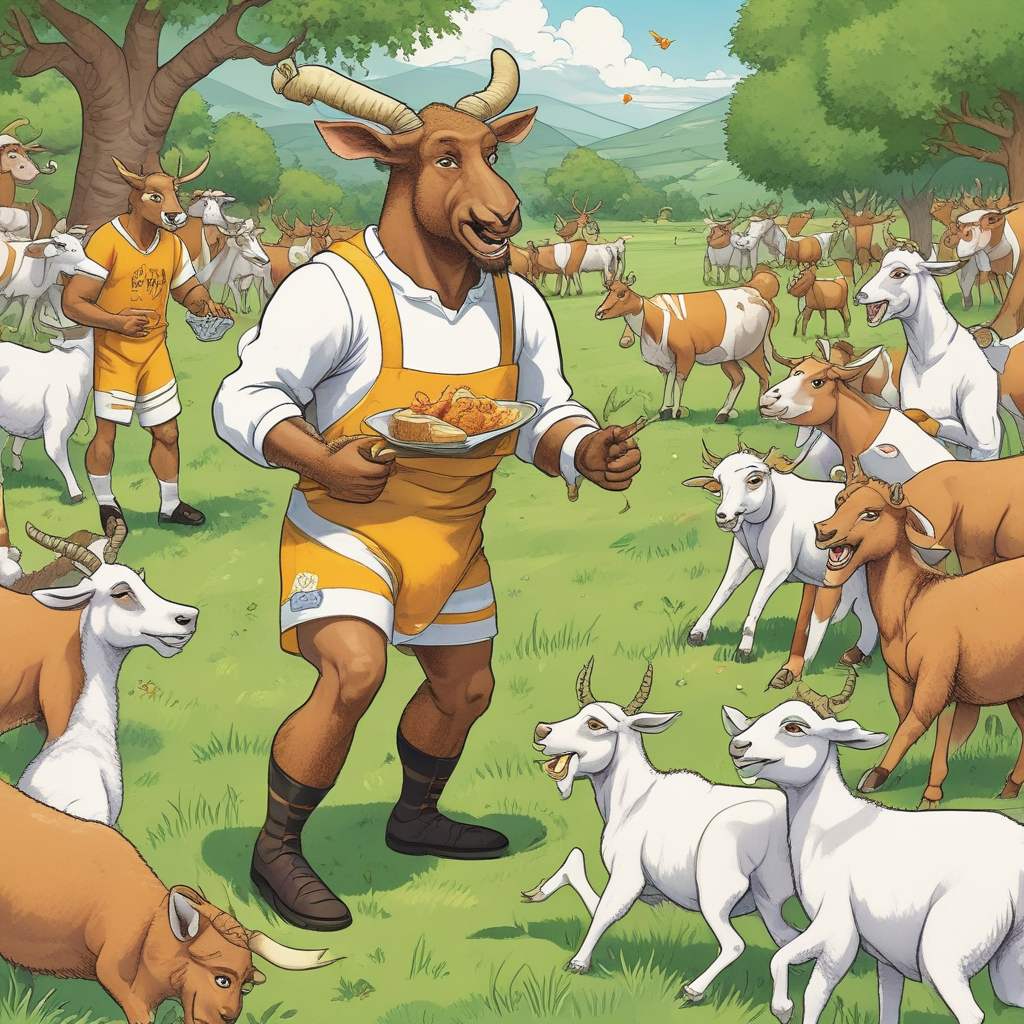 Cartoon Funny, Illustrate an energetic birthday celebration taking place in the backdrop of a verdant Welsh countryside. Centre to the party is a muscular beekeeper of Hispanic descent, his bee suit comically tight across his physique, serving honeycomb-shaped rugby-themed treats to lively goats and cats. The goats, adorned in Welsh rugby jerseys, are engaged humorously in playing drop goals. The cats, on the other hand, find solace sitting atop mammoth beehives, purring in contentedness. High above, bees fly in a calculated manner, joining together to form a 'Happy Birthday' banner set against the Welsh flag. The flag's iconic dragon emblem is ingeniously intertwined with festive party decorations.
Generated with these themes: Bee keeping, Rugby, Wales, Cats, Goats, and Macho.
Made with ❤️ by AI.