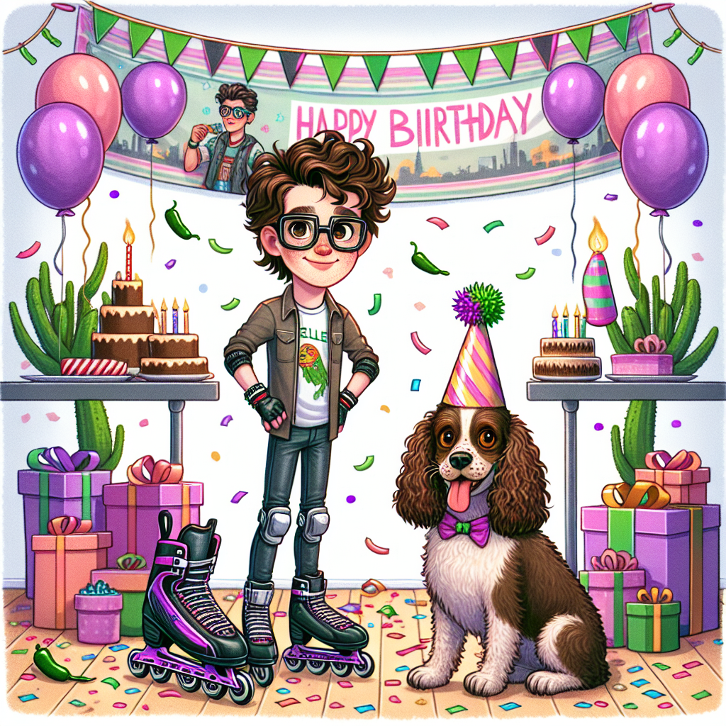 Create a sweet and festive illustration of a birthday party. At the heart of the celebration is a tall teenage boy of Caucasian descent with a unique appearance; he wears glasses and sports curly brown hair. By his side, a cheerful liver roan cocker spaniel wearing a party hat brings an additional charm to the scene. The floor is adorned with confetti and presents, amongst which a pair of inline skates rendered in shades of purple and pink grabs attention. The decorations reflect the theme of a post-apocalyptic popular video game, featuring a banner with a joyful cartoon character from the game. Adding a quirky twist to the decor are balloons fashioned in the likeness of jalapeños, contributing a spicy point of interest to the party's color palette.
Generated with these themes: Tall teenage boy with glasses and curly brown hair, Liver roan cocker spaniel, Purple and pink inline skates, Fallout, and Jalapeños.
Made with ❤️ by AI.