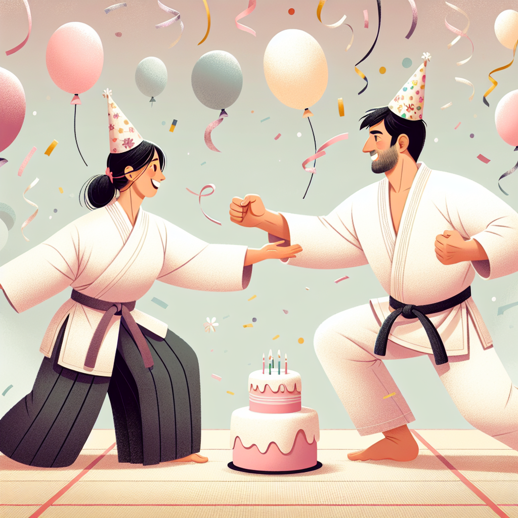 Create a birthday-themed illustration with a distinctive focus on martial arts. Central to the scene are a Middle-Eastern woman and a Caucasian man practicing Aikido and Judo respectively, each cheerfully adorned with festive birthday hats. The setting is a soft, pastel-colored background that shimmers with falling confetti and balloons, some uniquely molded into martial arts figures. The scene is anchored by a detailed texture of a tatami mat. The movements of the characters, both joyful and dynamic, evoke the lively atmosphere typically associated with a spirited birthday celebration.
Generated with these themes: Aikido , and Judo.
Made with ❤️ by AI.