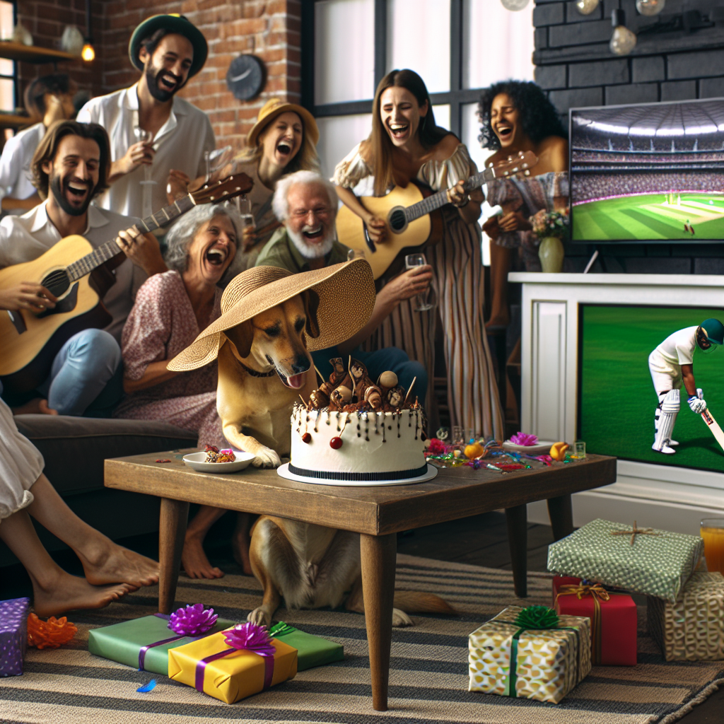 Imagine a cozy living room filled with a diverse group of people celebrating a birthday. They laugh together as they watch a dog wearing an oversized floppy hat amusingly try to navigate through colorful wrapping paper, its paws buried in the joyous mess. A cricket match is on the television, soothingly muted and acting as a backdrop to an impressive cake design, featuring edible guitar strings and tiny sculptures of cricket players caught mid-swing. The guests subtly move to the rhythm of a live acoustic guitar session, offering a heartwarming melody that perfectly complements the warm and lively setting.
Generated with these themes: Cricket, Guitar, and Dog.
Made with ❤️ by AI.