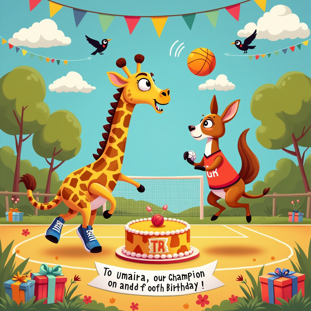 Picture a vibrant, playful cartoon scene set on a sunny netball court. At center court, two whimsical characters are engaged in an intense yet comical netball match. The main character, a quirky giraffe sporting a "GK" (Goalkeeper) jersey, stands tall, stretching its long neck and raising its hooves in an exaggerated effort to block the ball. The giraffe's oversized, colorful sneakers and comically serious expression make it clear that it's taking its role very seriously.

Opposing the giraffe is a mischievous kangaroo, decked out in a "GA" (Goal Attack) jersey, who is mid-leap with a netball clutched in its pouch, preparing to make a spectacular shot. The kangaroo’s ears are perked up, and its tail is springing off the ground, giving it an extra boost. 

Surrounding the court are playful spectators, including a cheerleading squirrel waving pom-poms, and a coach panda holding a clipboard with “Game Plan” scribbled in an indecipherable scrawl. There’s a festive atmosphere, with brightly colored bunting and balloons spelling out “Happy Birthday Umaira!” strung up in the background, fluttering in the gentle breeze.

Above, the sky is a clear blue canvas, where fluffy clouds have whimsically taken the shape of netballs and goal posts. Birds with tiny headbands and whistles are “refereeing” from the air, ensuring fair play.

In the bottom corner, there’s a delightful birthday cake shaped like a netball, with “Umaira” beautifully iced in vibrant letters. The cake is surrounded by wrapped presents with sporty patterns, like stripes of netball hoops and tiny sneakers.

A small banner running along the bottom of the card, framed by flowers and stars, reads: "To Umaira, our Champion on and off the court! Happy Birthday!"

This charming, action-packed scene blends the fun of netball with the joy of celebration, making Umaira’s birthday greeting card uniquely memorable.
Generated with these themes: Netball, and GK.
Made with ❤️ by AI.