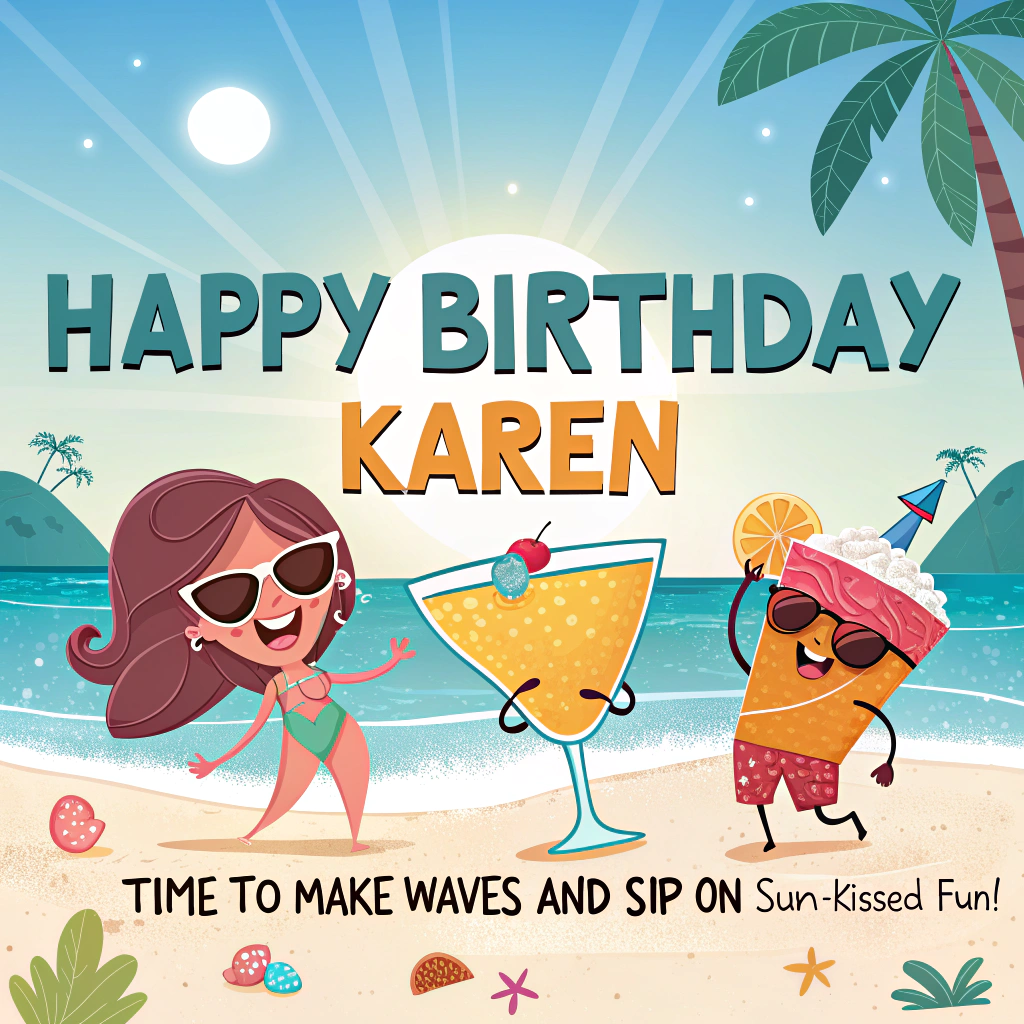 Bikinis,beach party coctails, and Birthday Card
