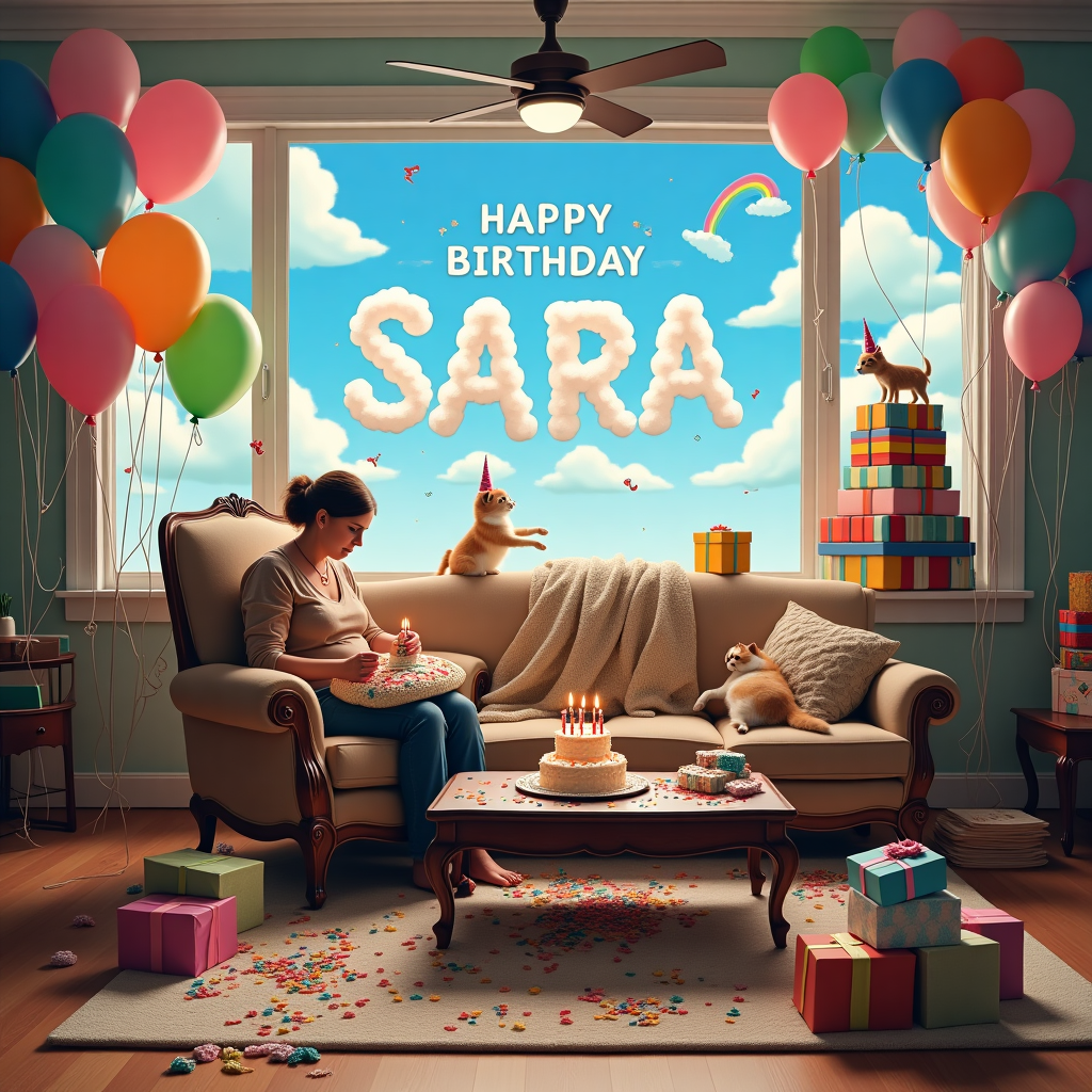 In the heart of a delightfully chaotic living room, a serene mother sits in an elegant antique armchair, serenely crocheting an elaborate tapestry. Her fingers move with practiced precision, weaving a colorful blanket that trails off onto the floor. Around her, the scene is a comical whirlwind of birthday festivities gone awry. Balloons in all colors and sizes float in clusters around the room, some deflating with a comical "pfft," while others are tied to the tails of rambunctious cats that chase each other in circles. A small dog wearing a party hat is precariously perched on the back of the armchair, observing the chaos with bemusement. 

The coffee table in front of the mother is stacked with half-eaten birthday cakes, each with a candle forming a large "SARA" on top in bright icing. One cake is humorously half-fallen, as if someone had leaned on it too hard. Strewn across the plush carpet are colorful streamers and confetti, and in one corner, a tower of haphazardly wrapped presents teeters dangerously. A piñata in the shape of a unicorn hangs from the ceiling fan, spinning lazily as it awaits its turn for the festivities. 

Behind the armchair, a large window shows a bright blue sky where fluffy clouds spell out "HAPPY BIRTHDAY SARA" in an elegant script, as if painted by the hand of the wind itself. A rainbow arcs over the lettering, adding a splash of whimsy to the already vibrant scene. This snapshot captures the delightful absurdity of a birthday celebration, with the mother calmly crafting amidst the jubilant mayhem.
Generated with these themes: Mother calmly crocheting in a chaotic scene.
Made with ❤️ by AI.