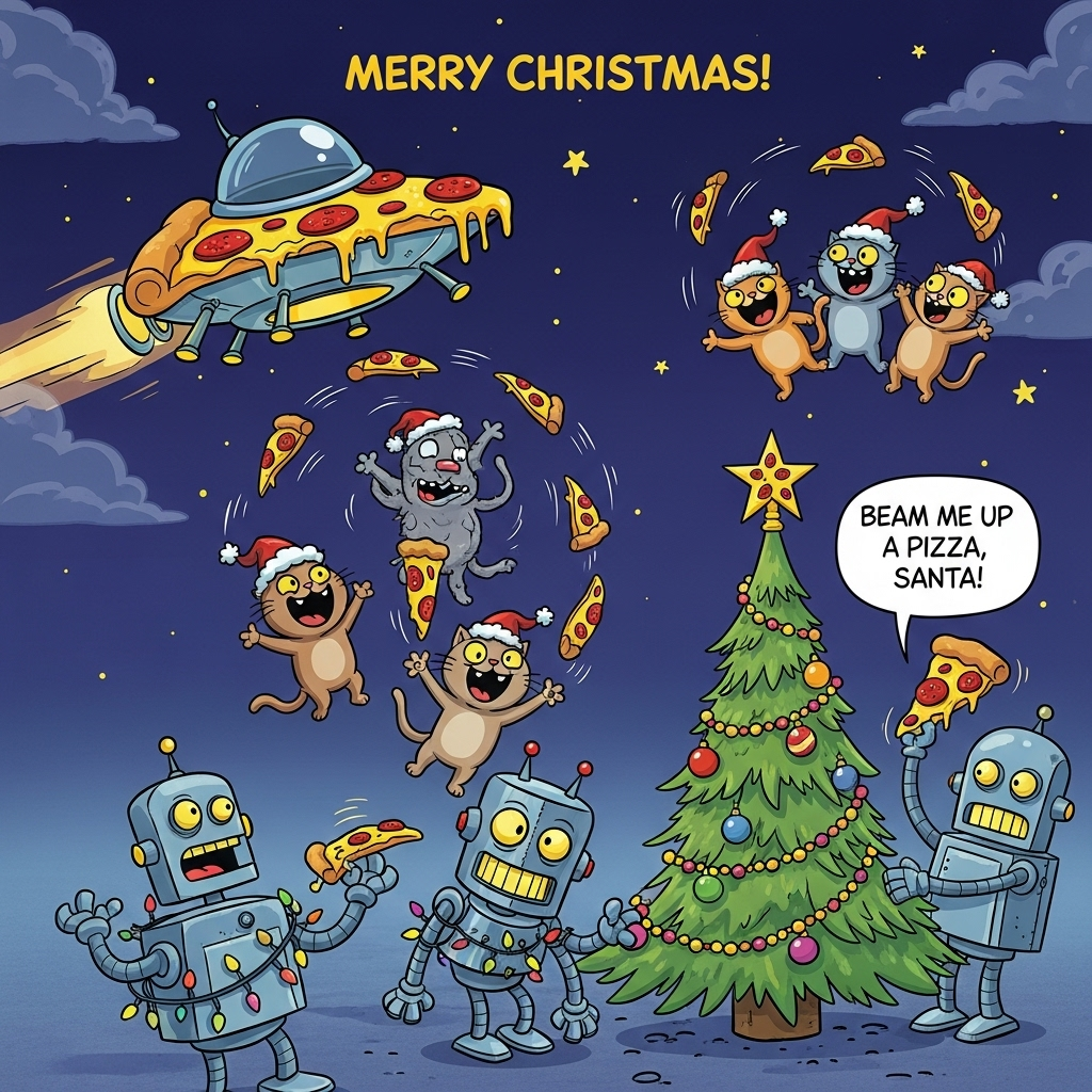 Flying saucer, pizza, cats, robots, and Christmas Card