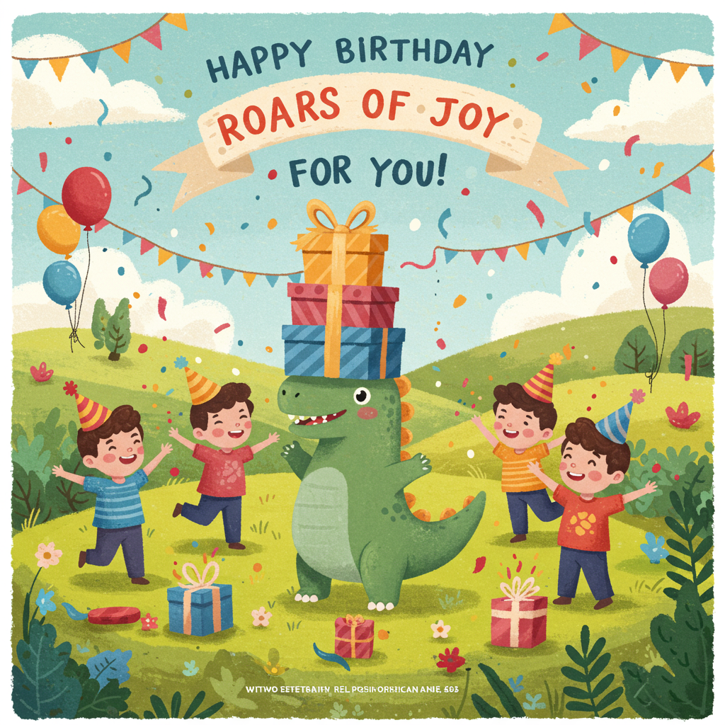 At the top of the Illustration Style image, the text reads: "Happy Birthday Zayn"

**Image Prompt:**

Create a delightful and whimsical illustration featuring a joyful dinosaur-themed birthday scene. In the center, a cheerful green dinosaur wearing a party hat is playfully balancing a stack of colorful presents. Around the dinosaur, there are playful dino boys in vibrant outfits, cheering and throwing confetti. A banner above them reads "Roars of Joy for You!" in playful, hand-drawn letters. The background is a sunny landscape with soft rolling hills, scattered balloons, and streamers fluttering in the breeze. The scene is infused with a warm and inviting color palette, using textured brush strokes and fine linework to add charm and detail.
Generated with these themes: Dinosaur , dino boy birthday, and .
Made with ❤️ by AI.