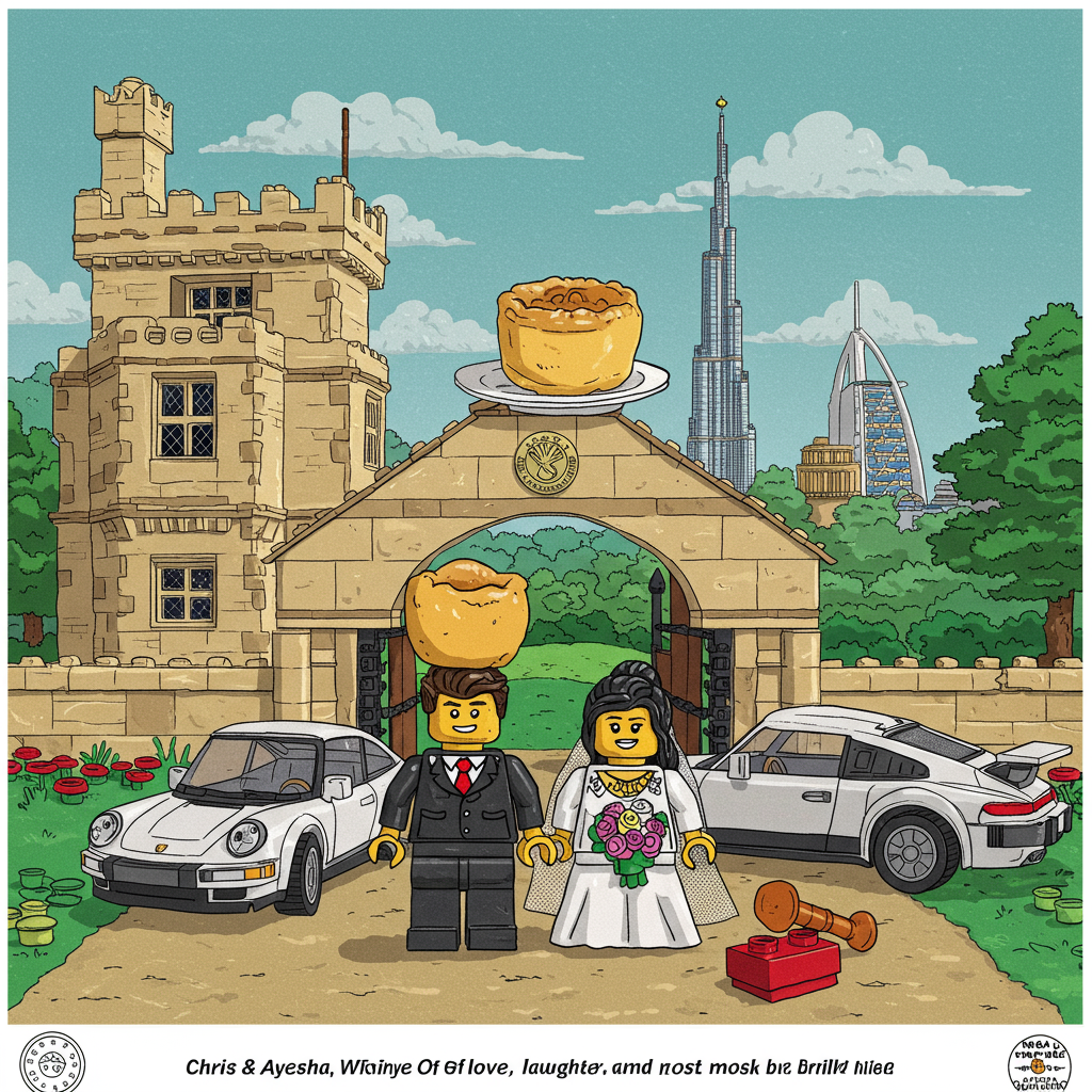 Lego style, lego groom and bride, thicket priory in yorkshire, porsche, fashion brands, rolex, burj khalifa, yorkshire pudding, and Wedding Card
